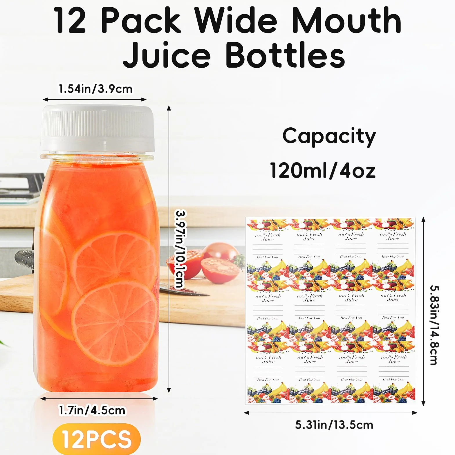12 sztuk butelek do shot do napełniania, 120 ml, plastikowe butelki na sok, mini butelki z naklejką, małe butelki wielokrotnego użytku