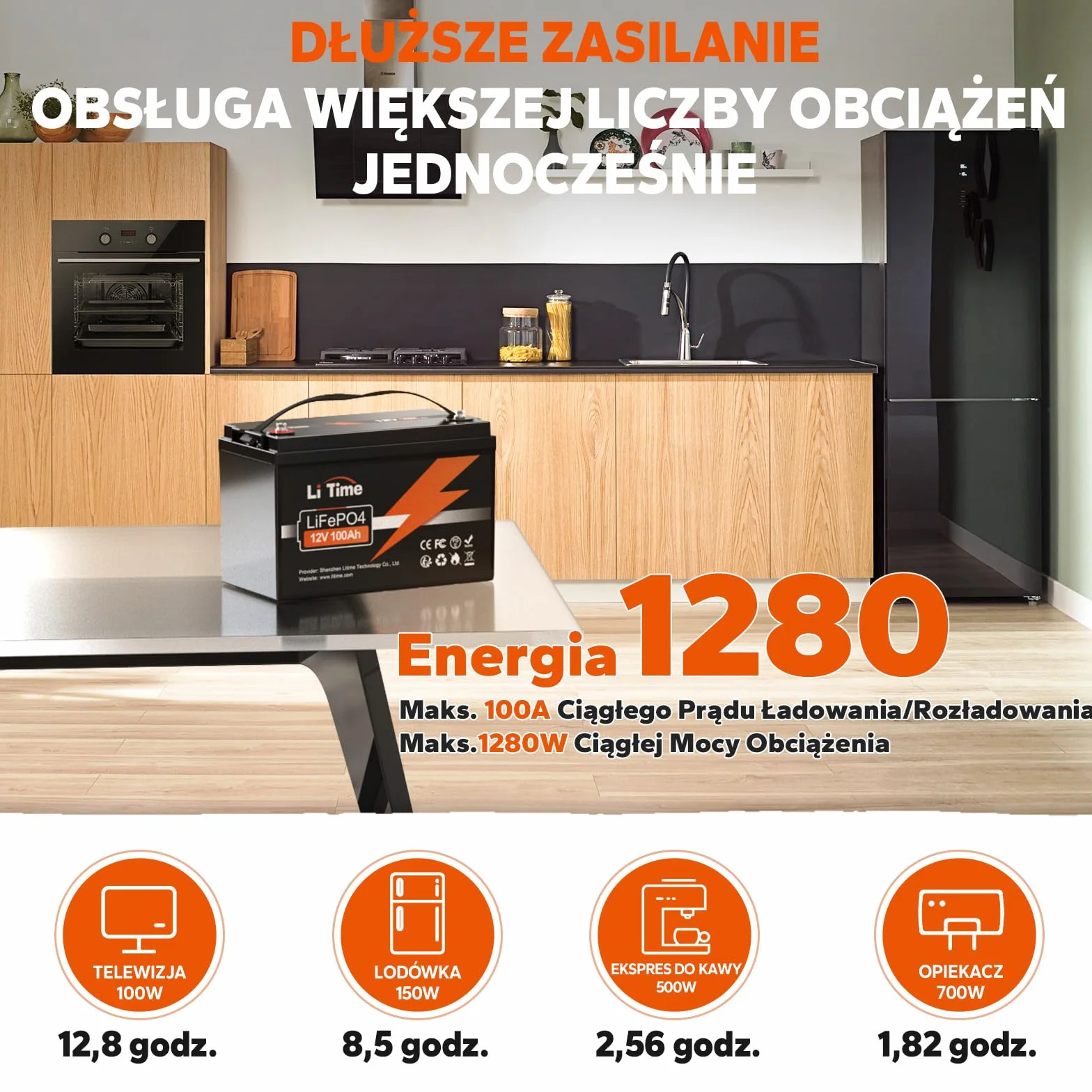 LiTime 12V 100Ah LiFePO4 Akumulator Litowy, Do 15 000 Cykli i 10 Lat Żywotność, Bateria LiFePO4 z Płytką BMS 100A, Akumulator LiFEPO4 Idealny Do kamperów, Zastosowań Poza Siecią, Łodzie