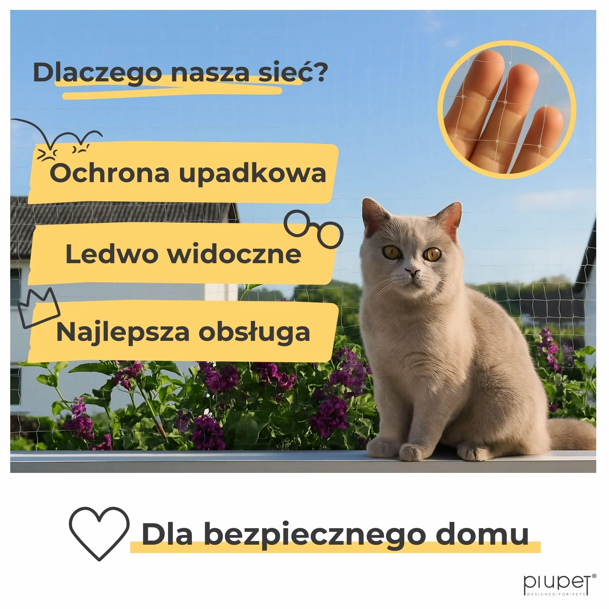 PiuPet® Siatka dla kota I 4 x 3 m, przezroczysta, wraz z materiałem montażowym, siatka dla kota na balkon, ochrona przed kotami, siatka balkonowa, idealna do nieograniczonej widoczności