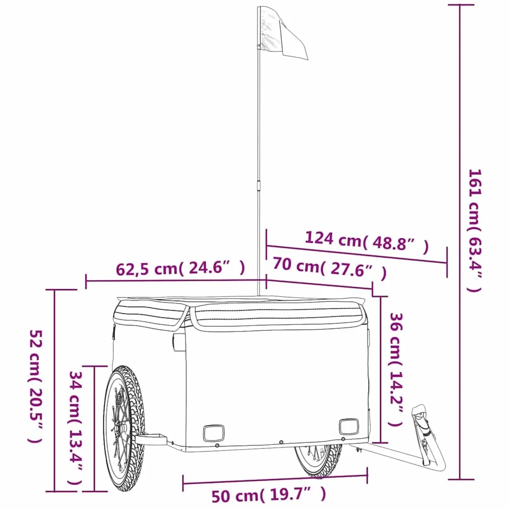 Przyczepa rowerowa, czarna i pomarańczowa, z żelaza, udźwig, 120 x 54 x, flaga bezpieczeństwa, składana, do transportu bagażu, psa, dzieci i wycieczek na świeżym powietrzu