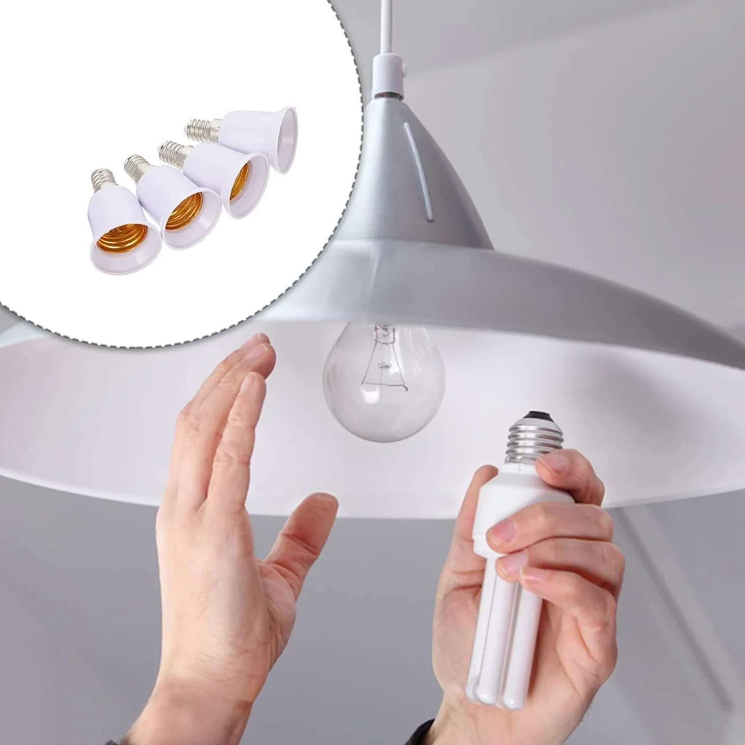 LATRAT 4 szt. Konwerter adaptera E14 na E27, konwerter oprawki lampy LED, żarówki i lampy CFL, adapter uchwytu lampy E14 do E27 mały do dużego białego przewodu 4