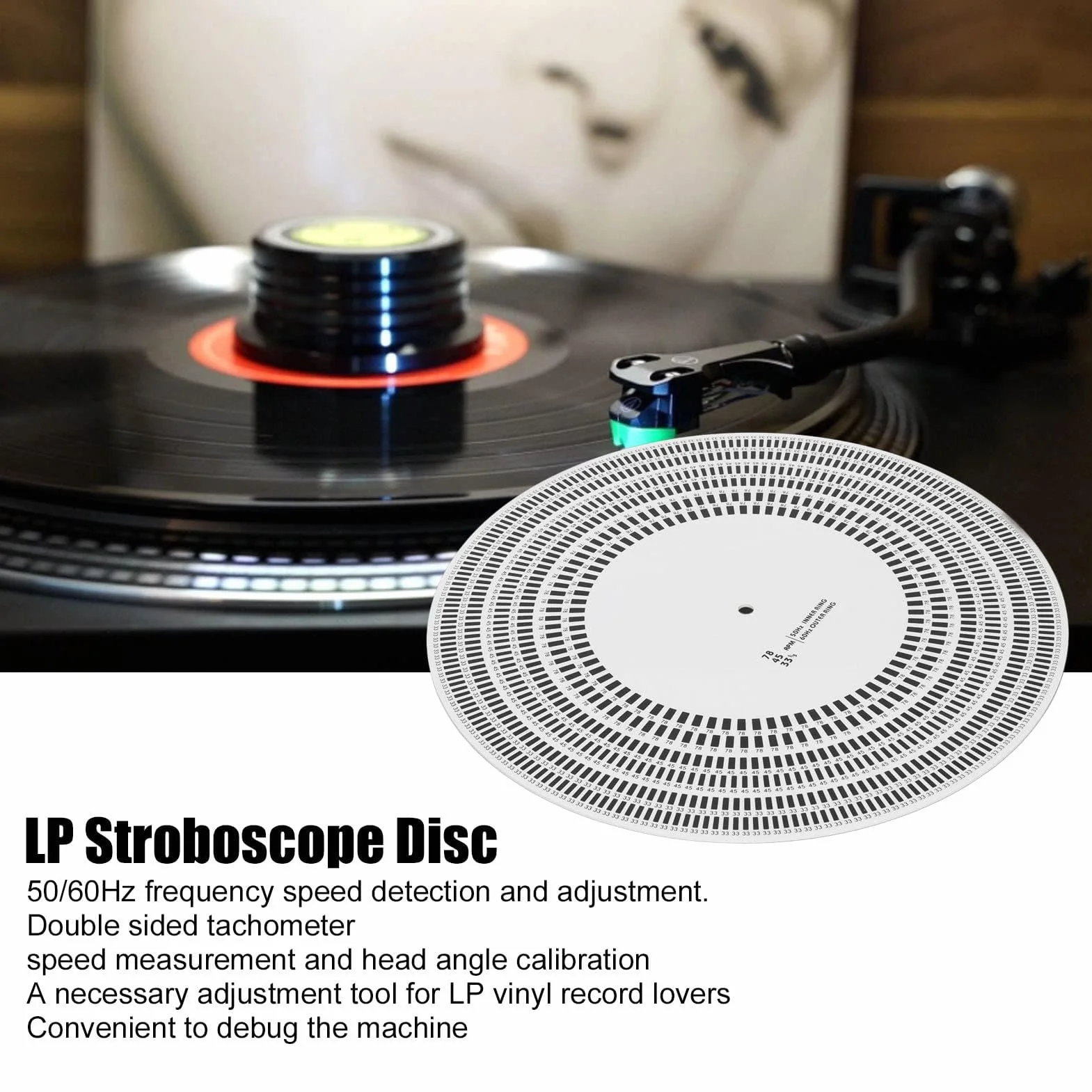 Gramofon stroboskopowy, stroboskop, mata 33/45/78 obr./min, 50/60 Hz, gramofon gramofonowy, gramofon, gramofon, kalibracja, stroboskop, do odtwarzaczy płyt winylowych