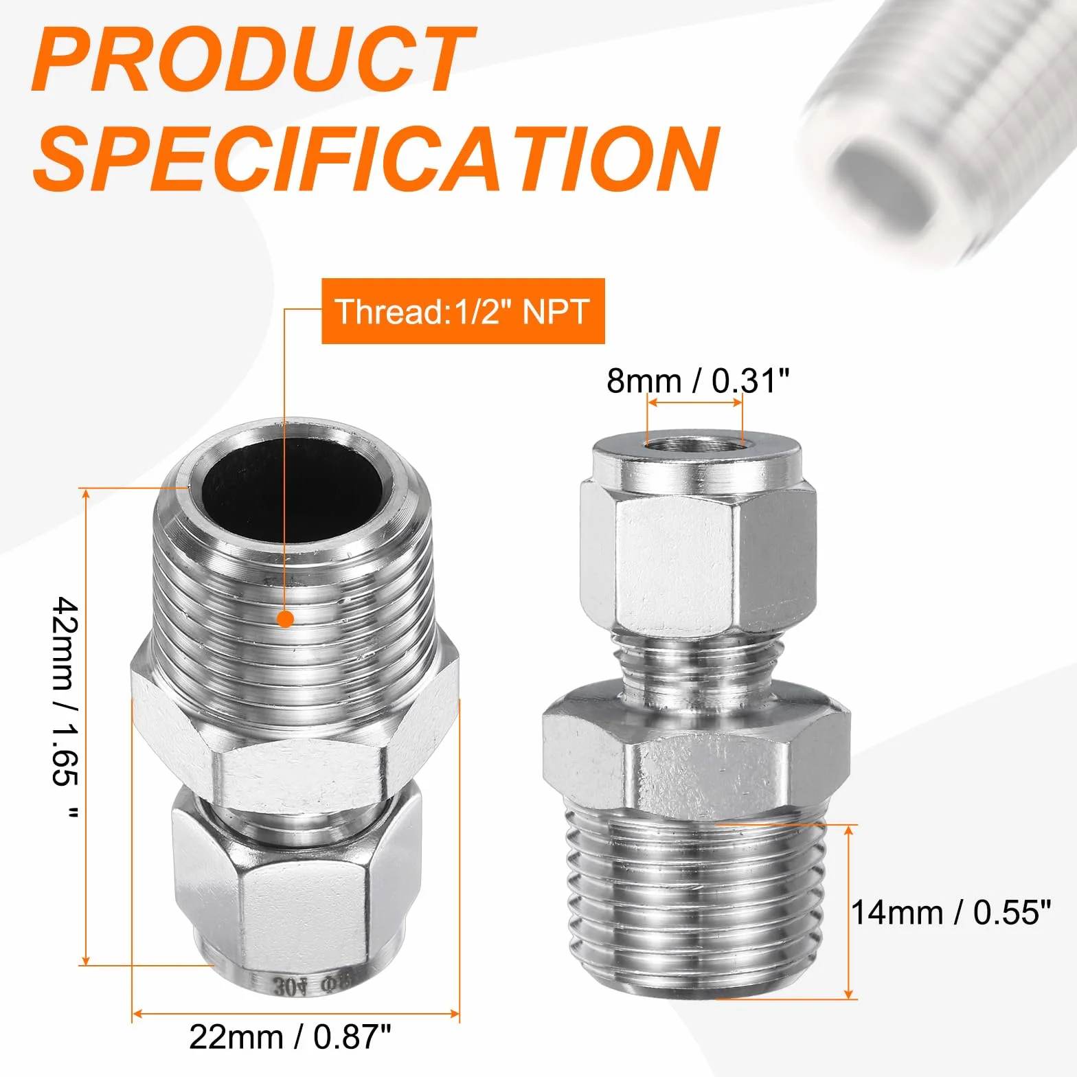 Rura kompresyjna ze stali nierdzewnej 8 mm OD 1/2" NPT gwint męski adapter złączka zaciskowa