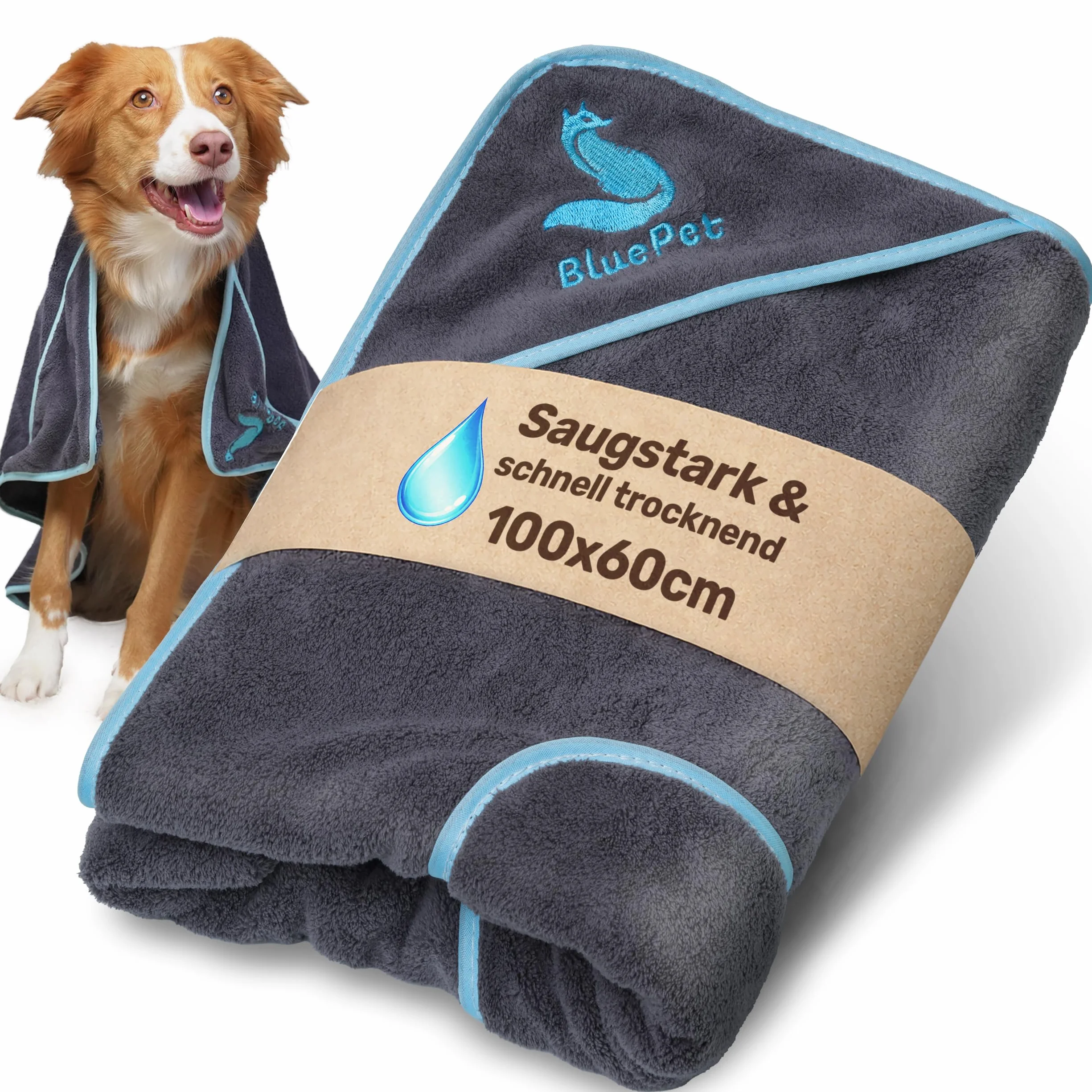 BluePet Ręcznik dla psa, z mikrofibry, bardzo chłonny, szybkoschnący, z mikrofibry dla małych i dużych psów, ręcznik kąpielowy 100 x 60 cm, na urlop, plażę i kemping