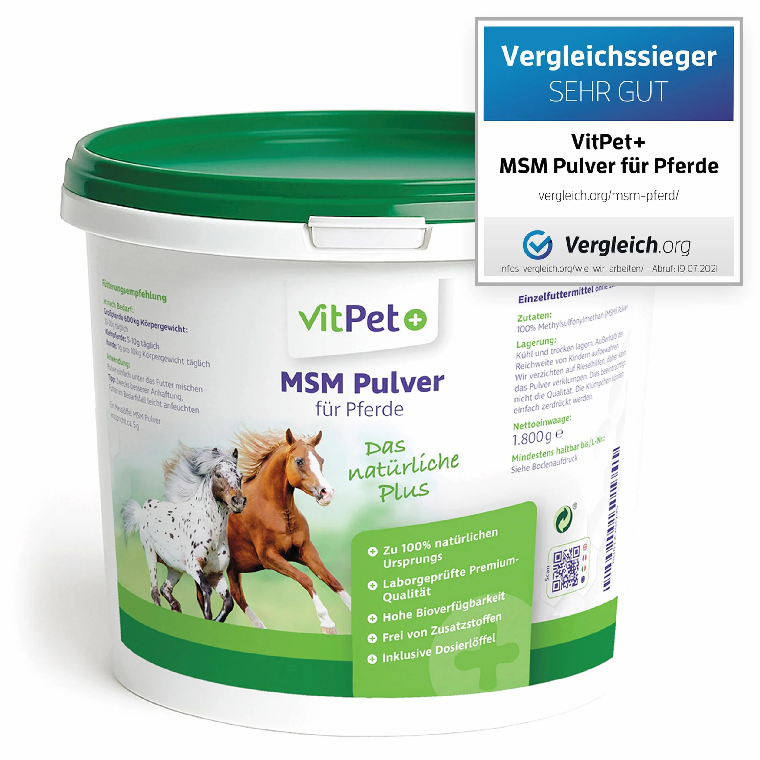 MSM Pferd - Premium MSM Pulver für Pferde im 1,8 kg Eimer inkl. Dosierlöffel (Methylsulfonylmethan- / Schwefel-Pulver für Pferde und Hunde)