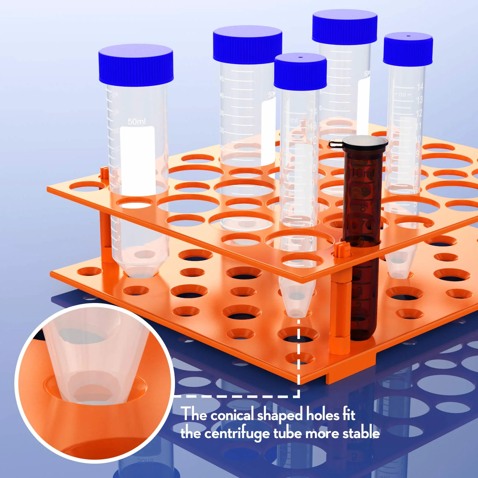 2 szt. 50 studni stojak na rurkę na 10 ml/15 ml/50 ml laboratoryjny plastikowy pojemnik na rurkę (pomarańczowy i niebieski)