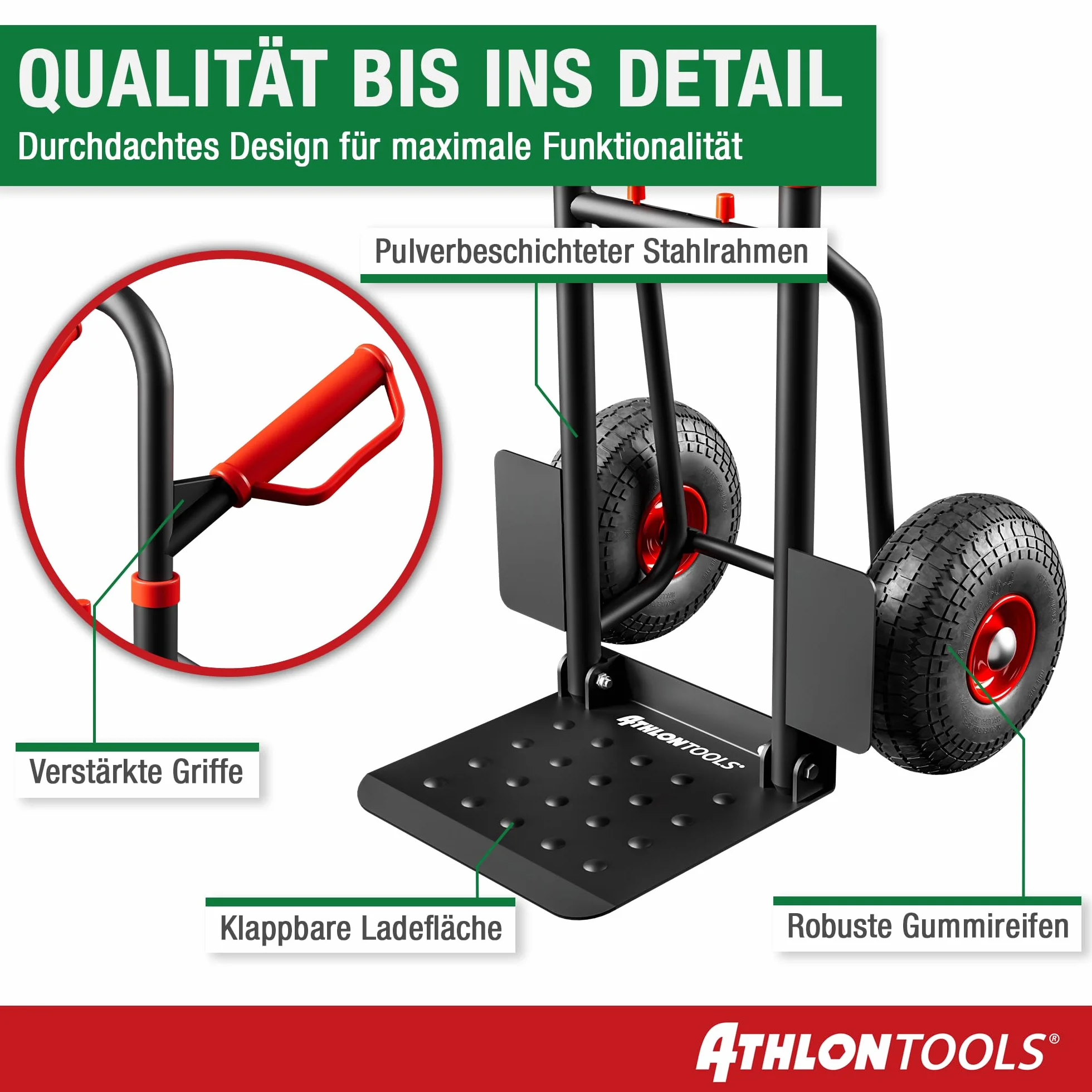 ATHLON TOOLS Wózek transportowy do dużych obciążeń, składany, 200 kg – stalowa rama z oponami wypełnionymi powietrzem, duże koła płynnie poruszają się i nie powodują wstrząsów, składany, zajmuje mało