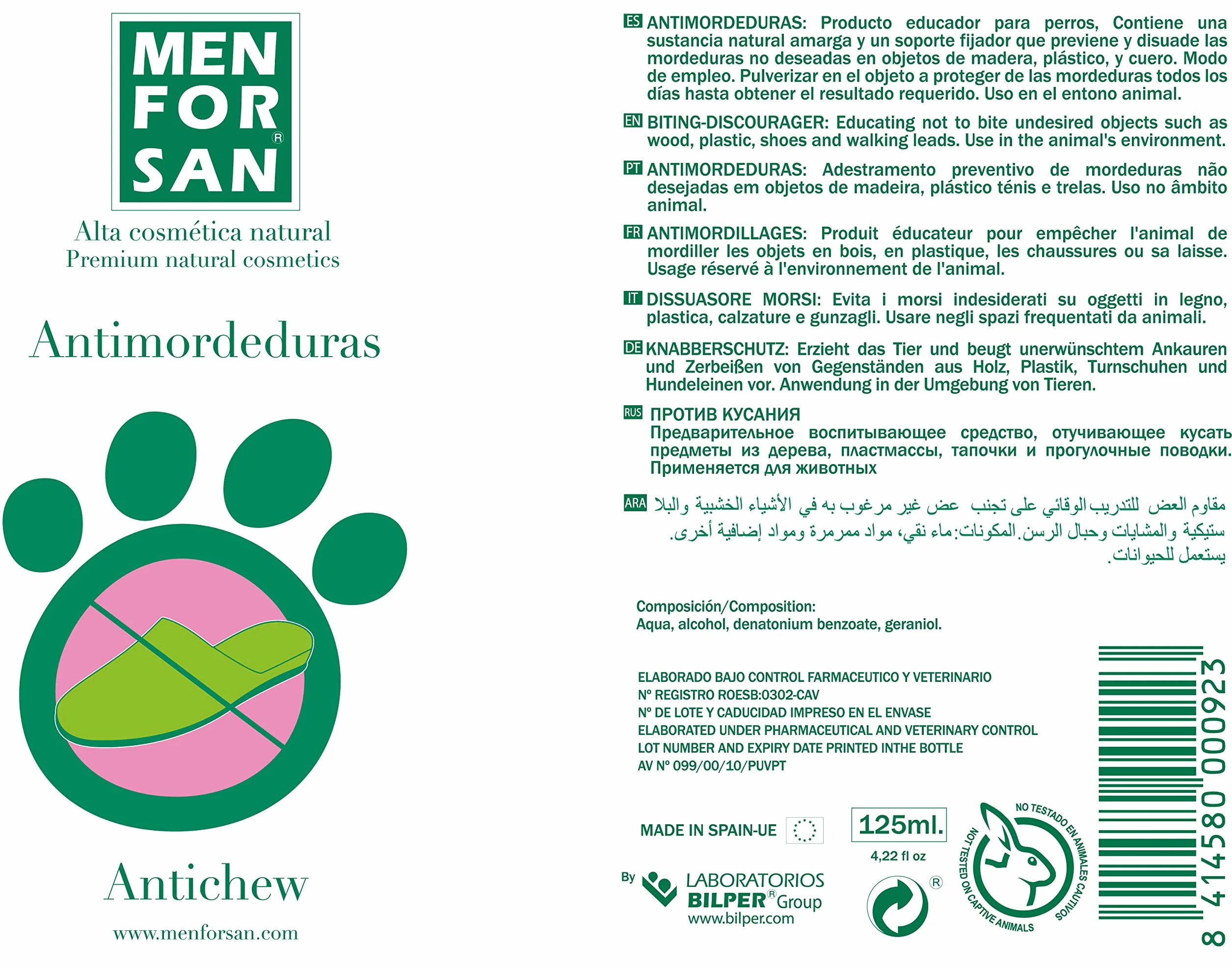 MENFORSAN Meble i tekstylia przeciw gryzieniu dla psów 125 ml, opakowanie 2 sztuki, zapobiega niechcianym ukąszeniom