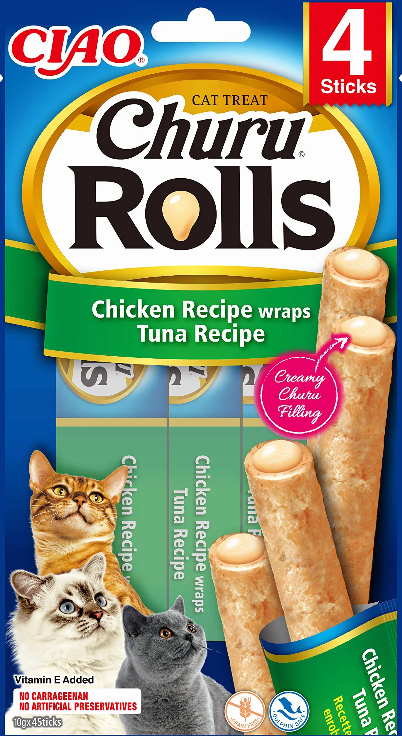 INABA Churu Rolls - smakołyk dla kotów do karmienia z ręki - pyszne przekąski dla kotów z kremowym wypełnieniem - kurczak owinięty tuńczykiem, 40g x (12 sztuk)