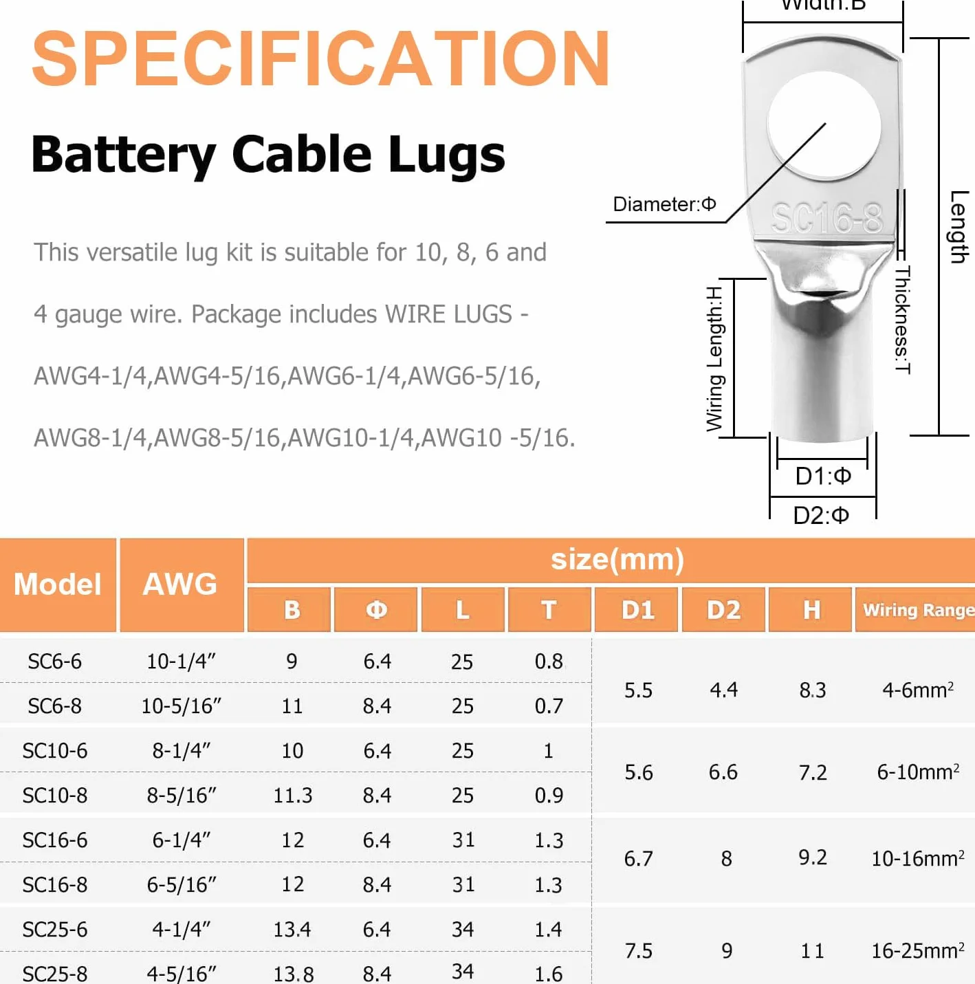 Końcówki kablowe zestaw 120 szt. 25 mm² 16 mm² 10 mm² 6 mm² z wężem termokurczliwym