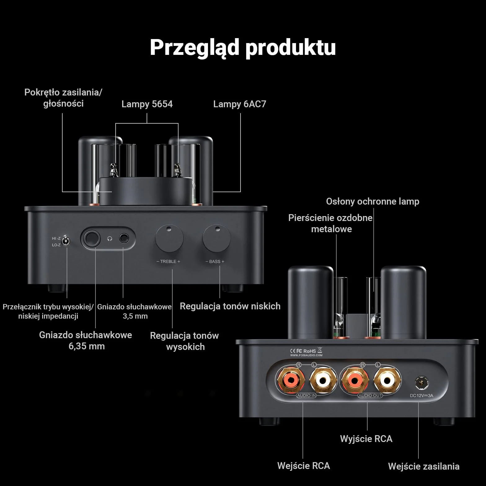 Fosi Audio GR70 Przedwzmacniacz słuchawkowy Tube 5654 W*2 6AC7*2 HiFi 16-300 omów