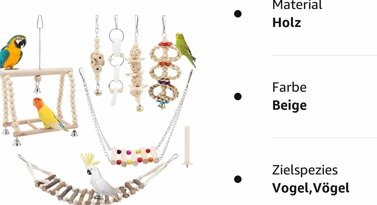 8-częściowa drewniana zabawka dla papug, gryzienie papugi, naturalne drewno, wiszący dzwonek, klatka dla ptaków, zabawka kołysząca się odpowiednia dla papug, zięb, małych papug, papużek