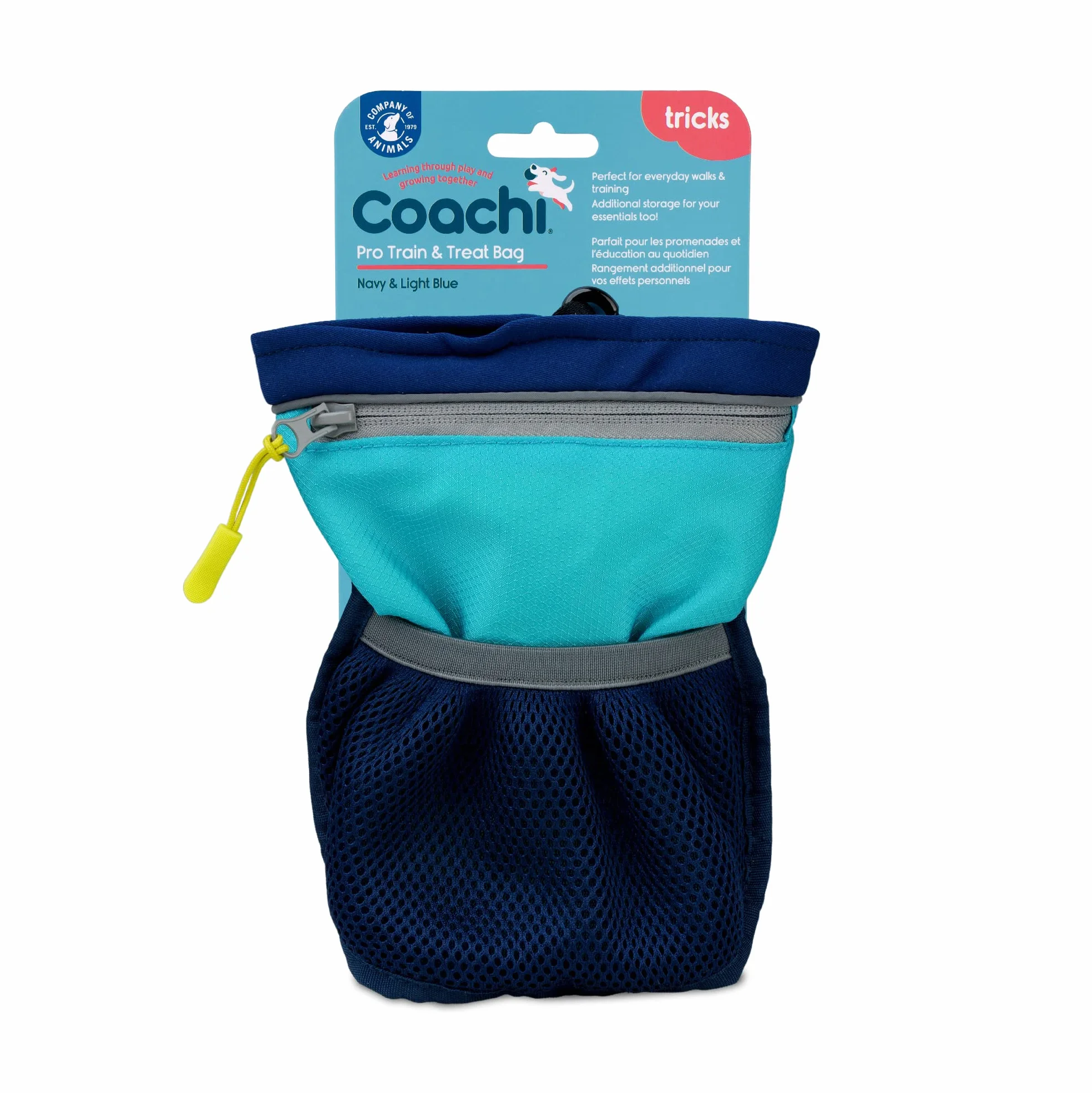 Coachi Pro Train & Treat Saszetka na przysmaki | Granatowy/Błękitny | Bardzo duża pojemność, bezpieczne opcje mocowania, kieszeń na zamek. Idealna na spacery z psem i treningi