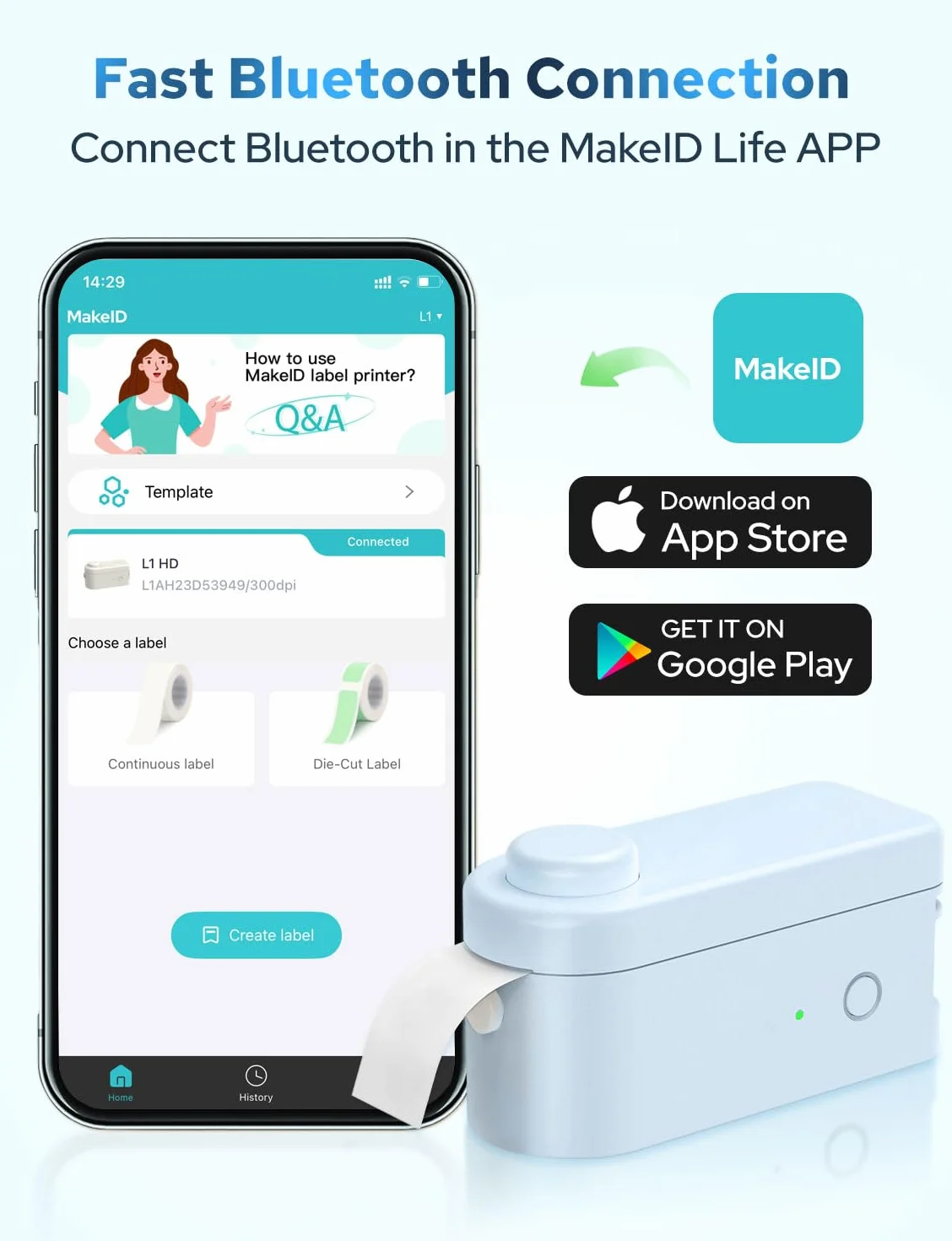 Makeid L1-C drukarka etykiet Bluetooth przenośna mini 9-16 mm 31 mm/s