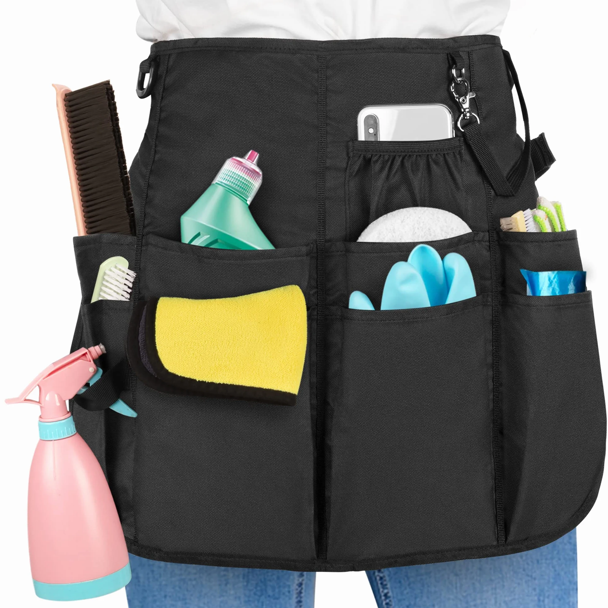LoDrid Profesjonalny fartuch do czyszczenia, wodoodporny fartuch Speed Cleaning Caddy z 9 kieszeniami i regulowanym paskiem z klamrą, do sprzątania w hotelu domowym, czarny, Middle