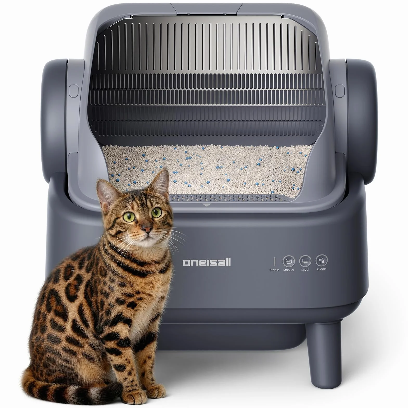 oneisall Kuweta dla kota z automatycznym systemem czyszczenia EaseClean™, Automatyczna kuweta dla dużych kotów XXL, ruszt ze stali nierdzewnej, tryb automatyczny i manualny, w zestawie: mata i 40
