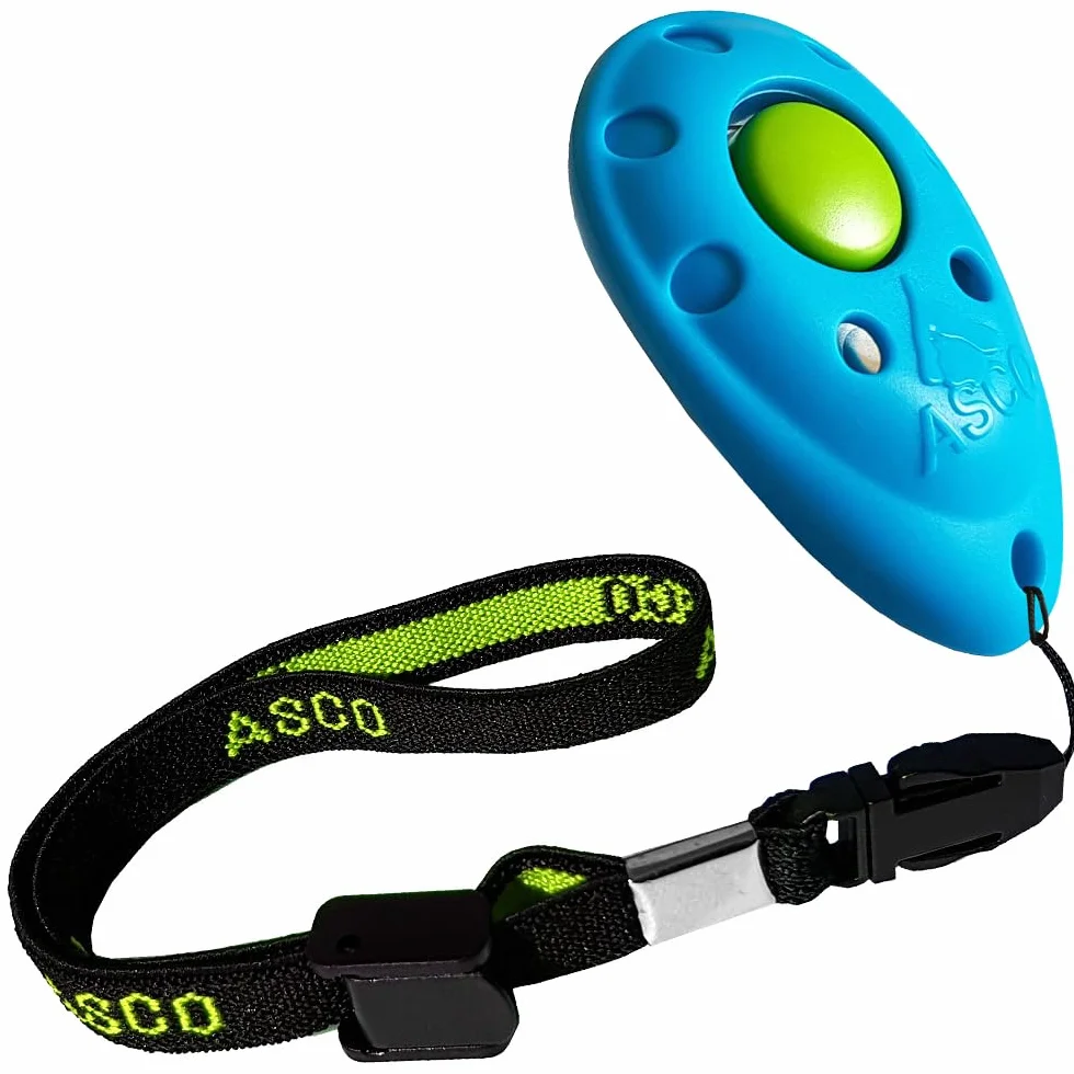 ASCO Clicker Premium Clicker, kliker dla psa do profesjonalnego treningu na kliker z elastyczną taśmą, niebieski AC04PA