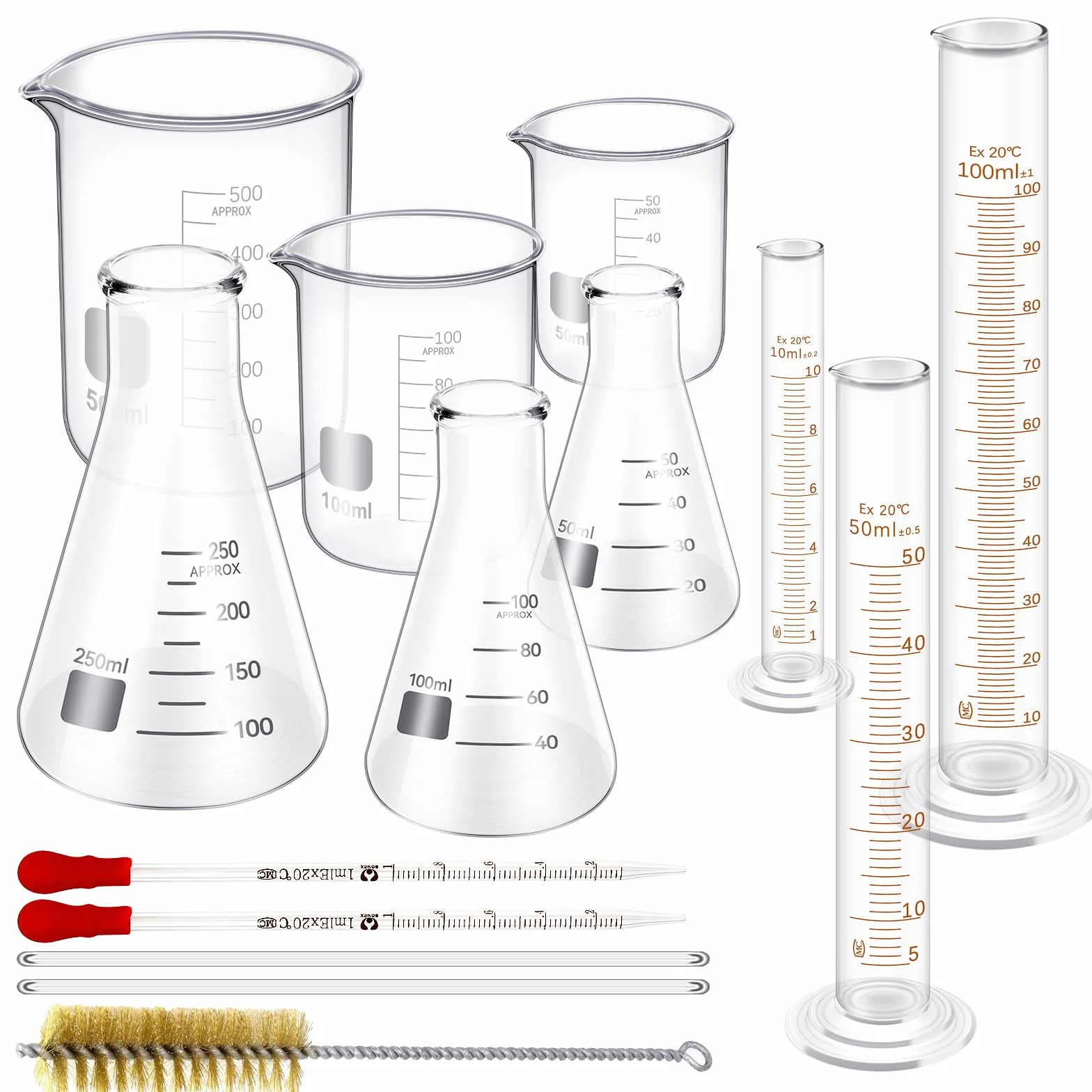 14 sztuk szklanych kubków z miarką 50/100/500 ml, szklana butelka 50/100/250 ml, cylinder z podziałką szklaną 10/50/100 ml z 1 pędzlem, 2 średnicami i 2 kroplami, zestaw do laboratorium