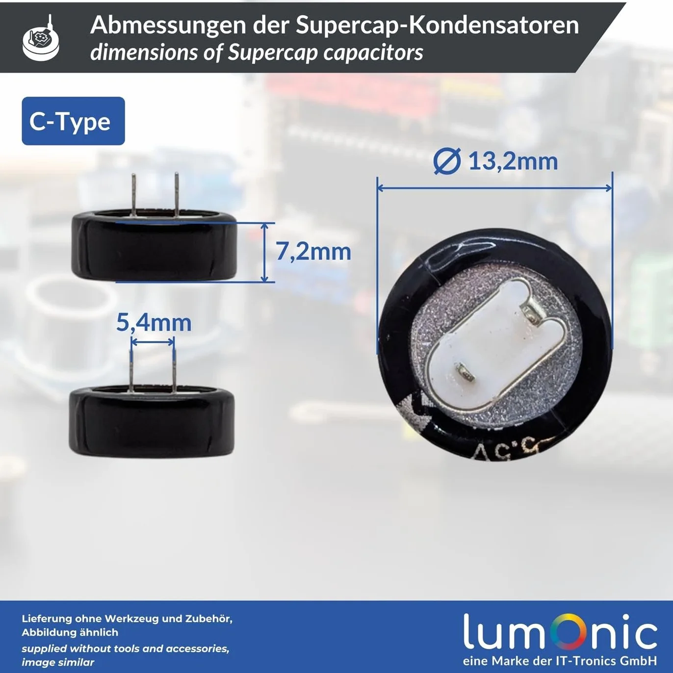 Lumonic Supercap 0,33F 5,5V C-Type | Bezposrednie zastosowanie EDLC, wysoka wydajnosc | Monoblok 5,5 V - bez koniecznosci równowazenia | Ochrona przed migotaniem, kopia zapasowa, PLC, ogrzewanie