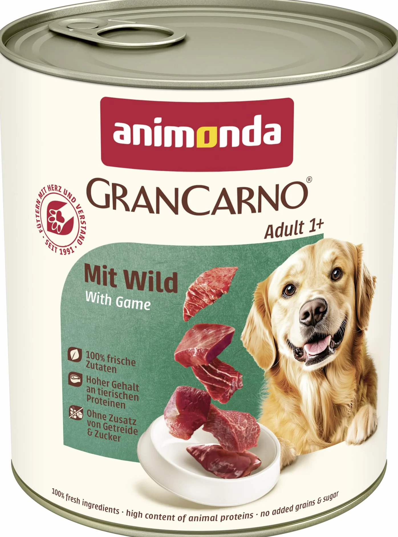 GranCarno Mokra karma dla psów z dziczyzną (6 x 800 g), mokra karma dla psów bez zbóż i cukru, dla dorosłych psów, ze świeżymi mięsistymi składnikami
