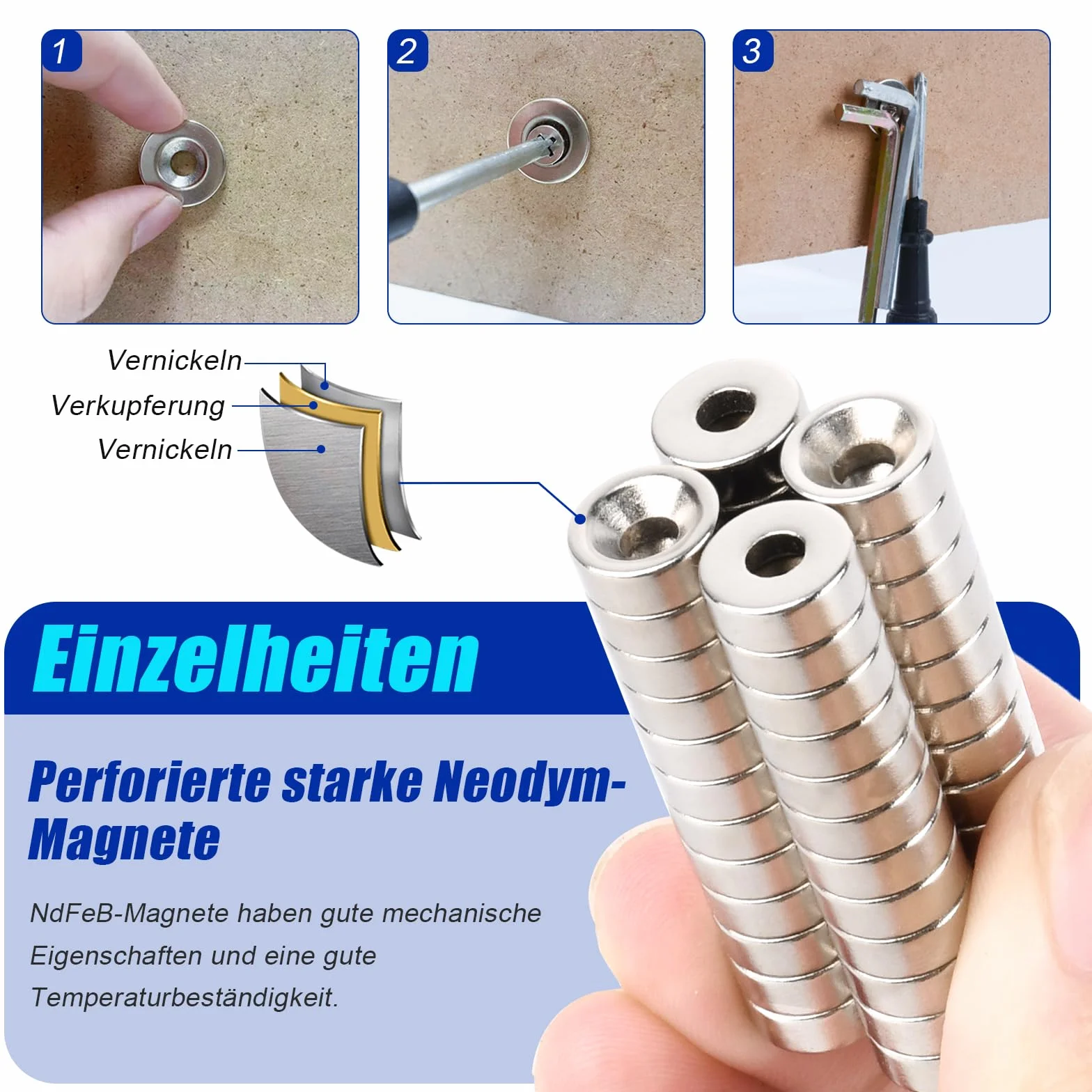 Magnesy neodymowe z otworem 8 x 3 mm, mocne dyski, do przykręcania, zestaw 30 sztuk