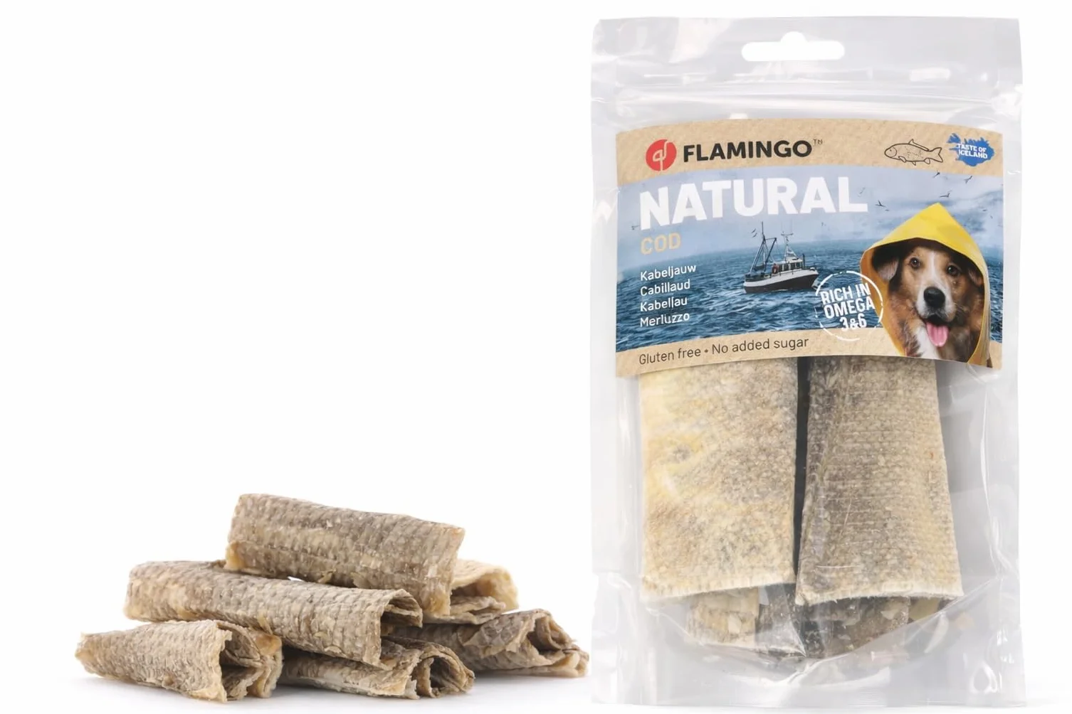 Przysmak dla psa Nature Snack Skórka dorsza długa - 50 g, bogata w Omega 3 i 6, bezglutenowa, naturalna przekąska do żucia, flaming