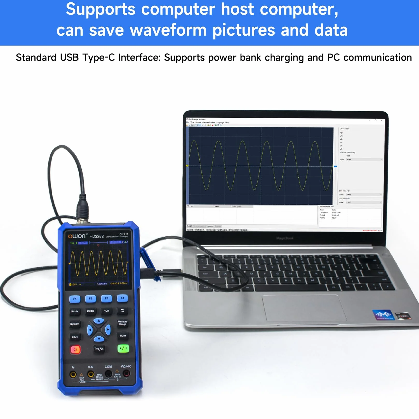 OWON HDS25S 3 w 1 cyfrowy oscyloskop 25 MHz 2-kanałowy generator przebiegów multimetr 20 000 zliczeń LCD USB-C