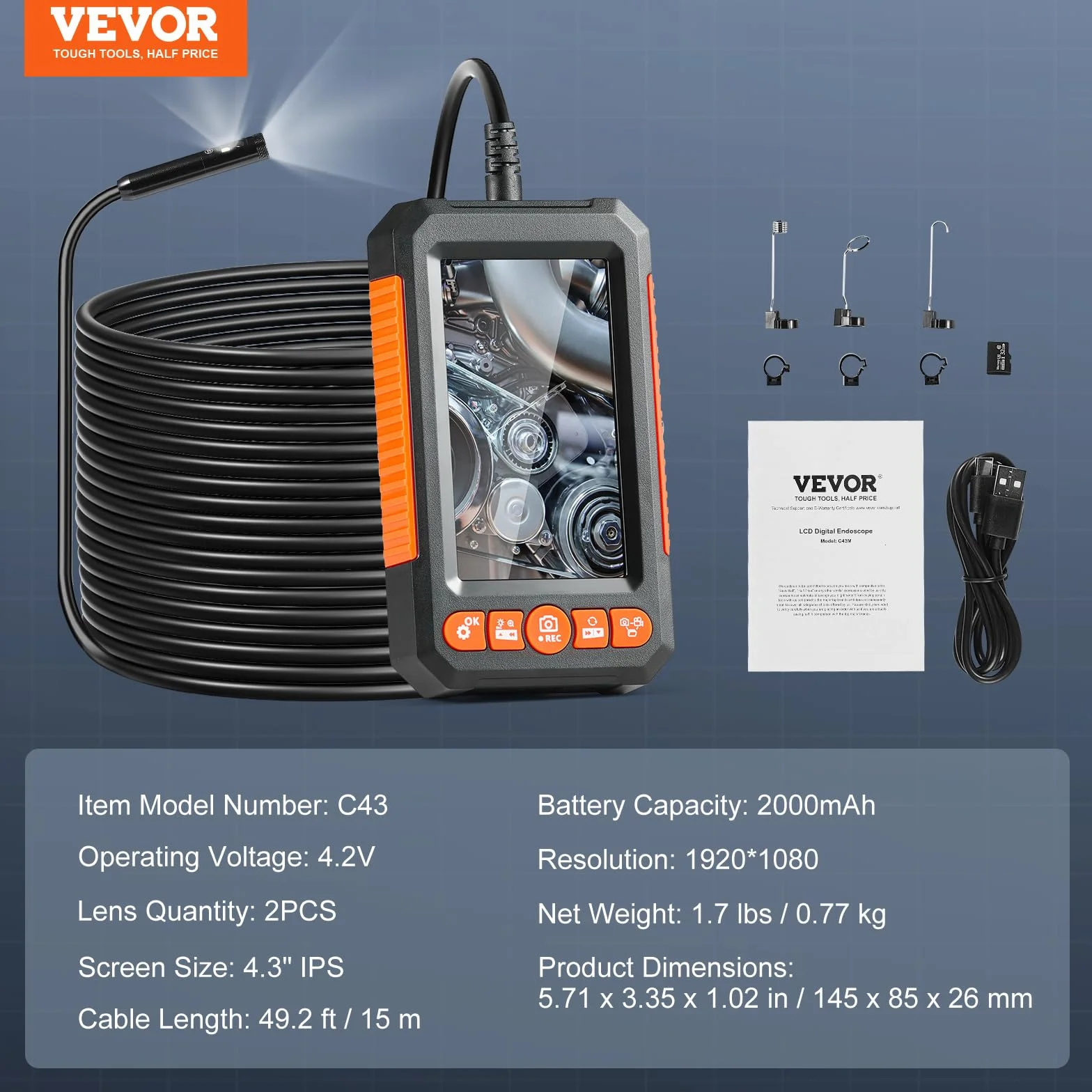 VEVOR Kamera endoskopowa z 8 + 1 lampkami, kabel 15 m, endoskop przemysłowy z podwójną soczewką, ekran 4,3", kamera inspekcyjna 1920 x 1080p, 4-krotny zoom, wodoszczelność IP67, idealna do sanitarnych