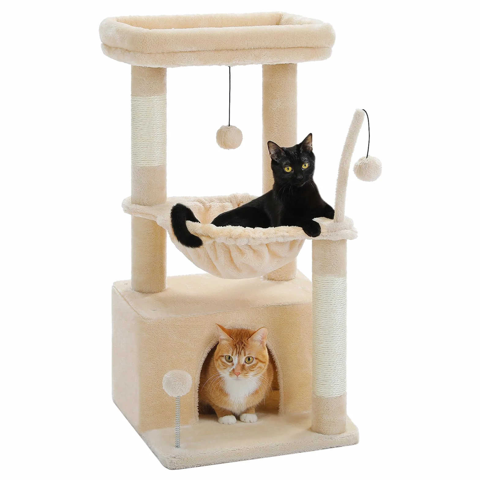 PAWZ Road Drzewko dla kota 79 cm dla kotów domowych, wieża dla kotów z dużym hamakiem | Drapak dla kotów domowych z dużym mieszkaniem i hamakiem, drapak dla kota z górnym okoniem i wiszącą kulką, beżowy