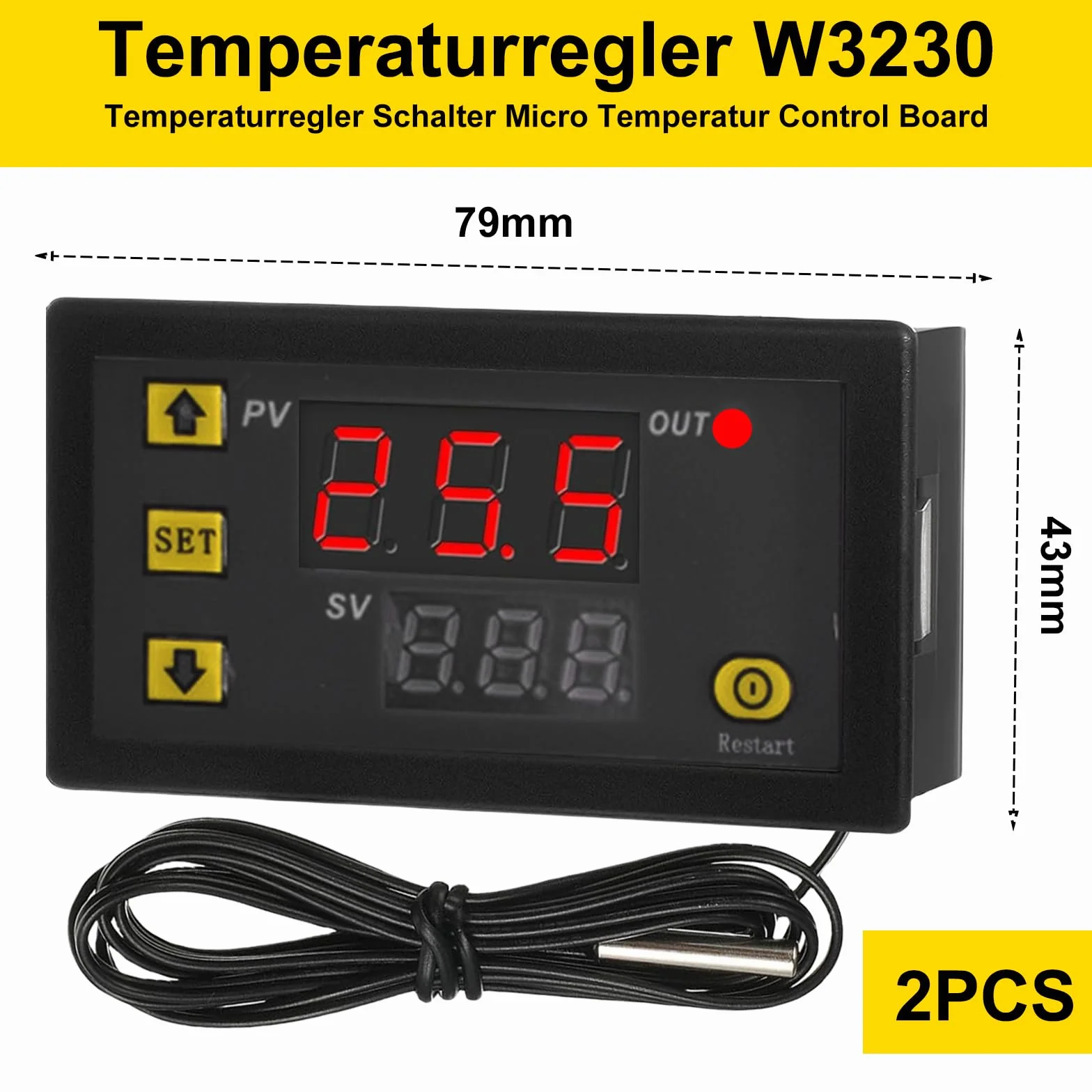Regulator temperatury W3230 DC 12 V, 2 szt.: cyfrowy regulator temperatury, cyfrowy termostat, cyfrowy wyświetlacz, termostat do ogrzewania, chłodzenia, akwarium, inkubatora, terrarium