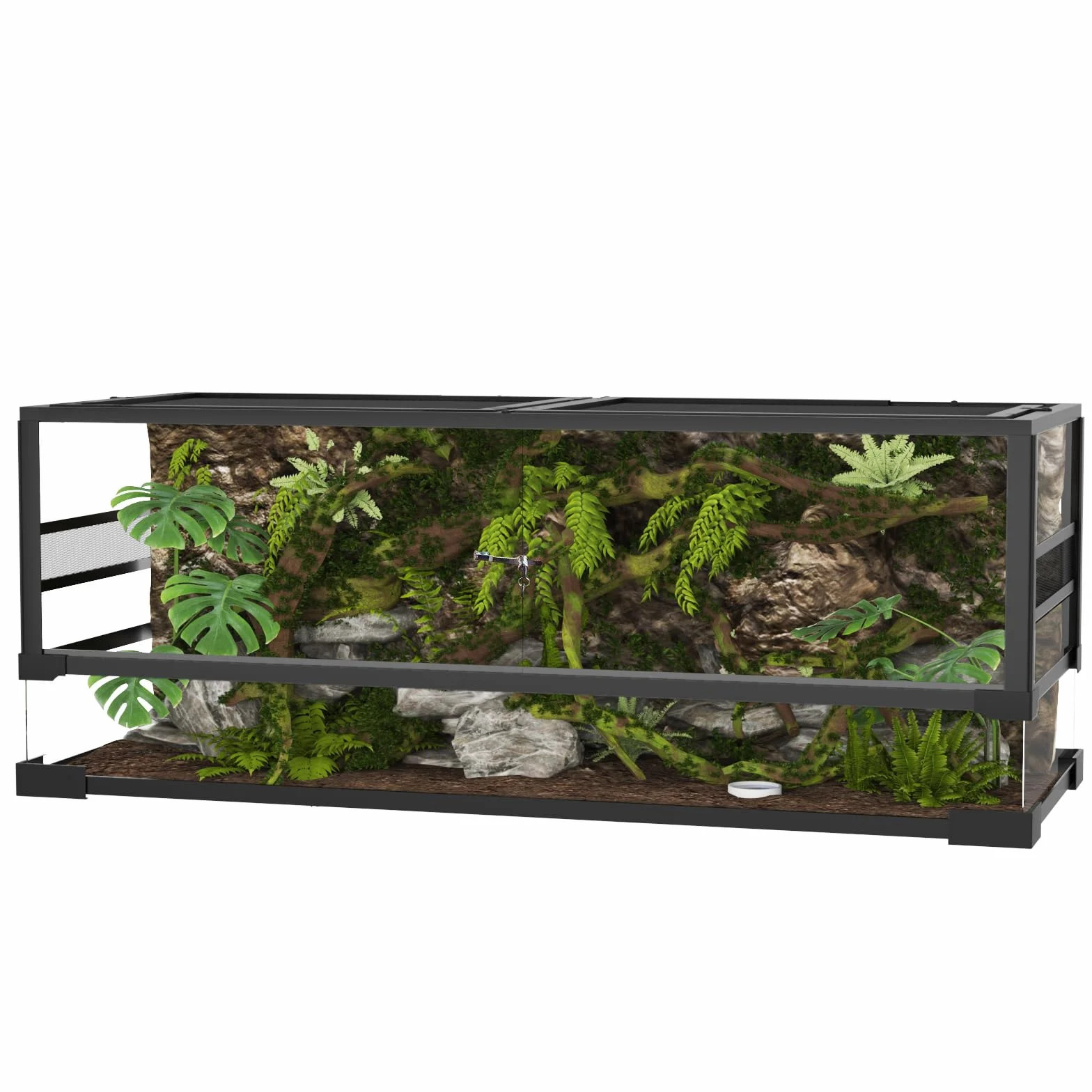 Terrarium Poziome dla Gadów 92 x 47 x 47 cm z Zamkiem, Drzwiami do Karmienia, Wentylacją i Widokiem 360°, Pojemnik na Węże, Jaszczurki i Żółwie, Szkło Hartowane i Aluminium