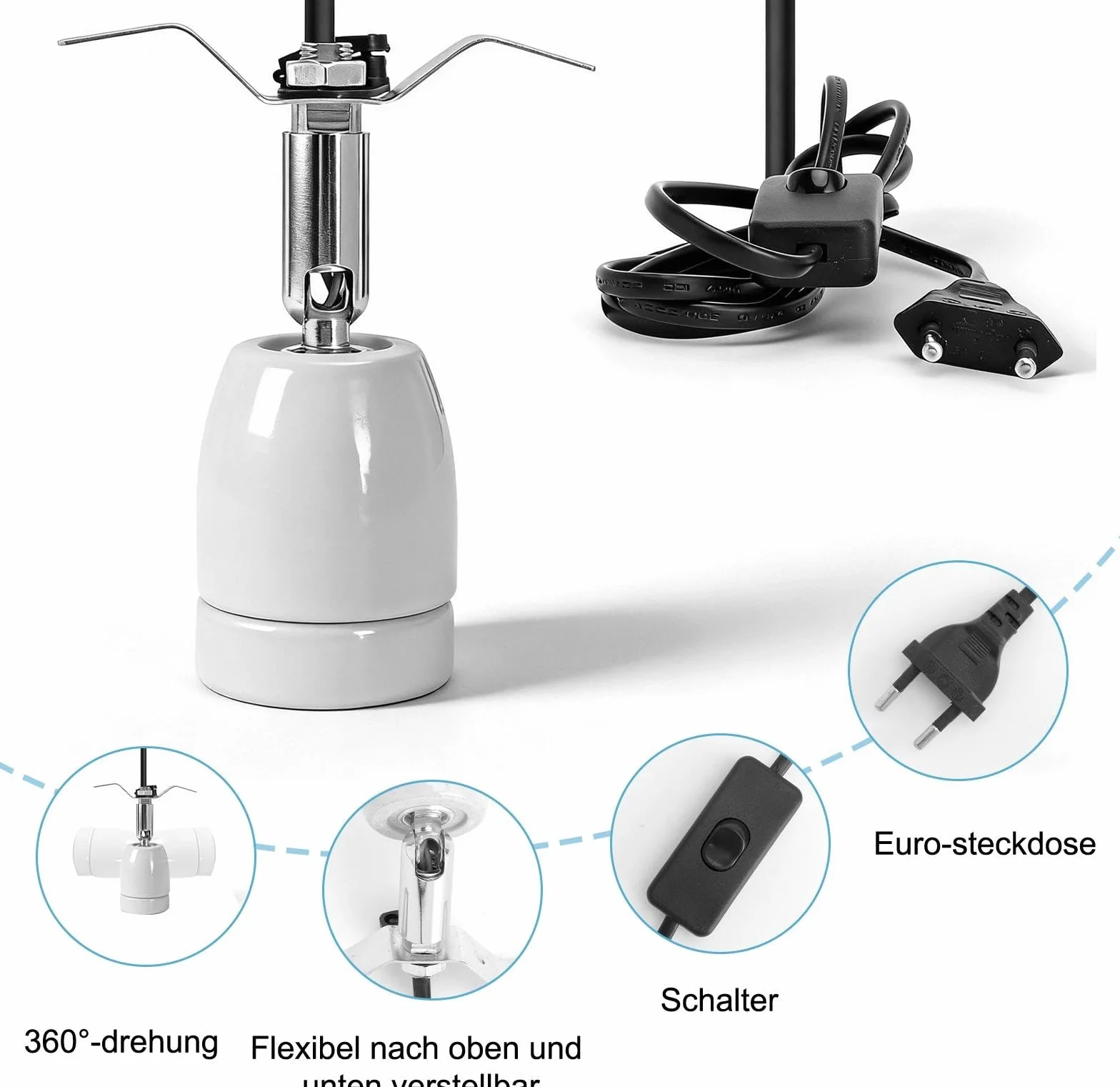 TNSLAND Oprawa lampy grzewczej E27, dla gadów, terrarium, ceramiczna, z przełącznikiem, kablem, obracana o 360°, do akwarium, dla gadów, jaszczurek, światła dziennego, biała