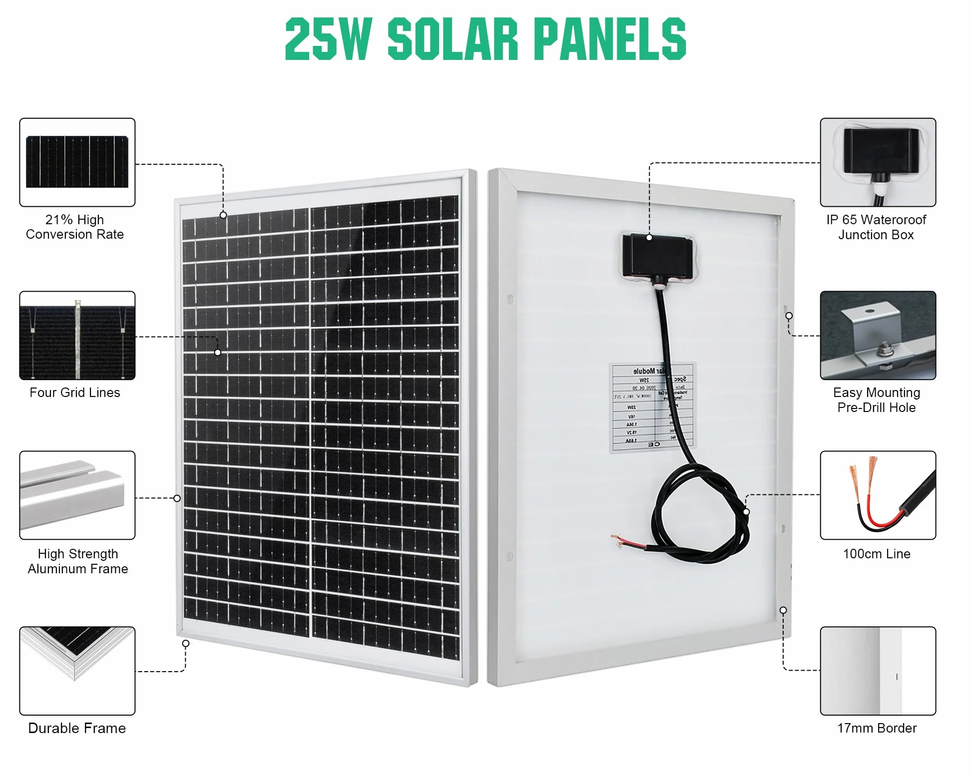 ECO-WORTHY Panel solarny 25 W, 12 V, IP65, wodoszczelny, nadaje się do samochodu, vana, kempingu i podróży