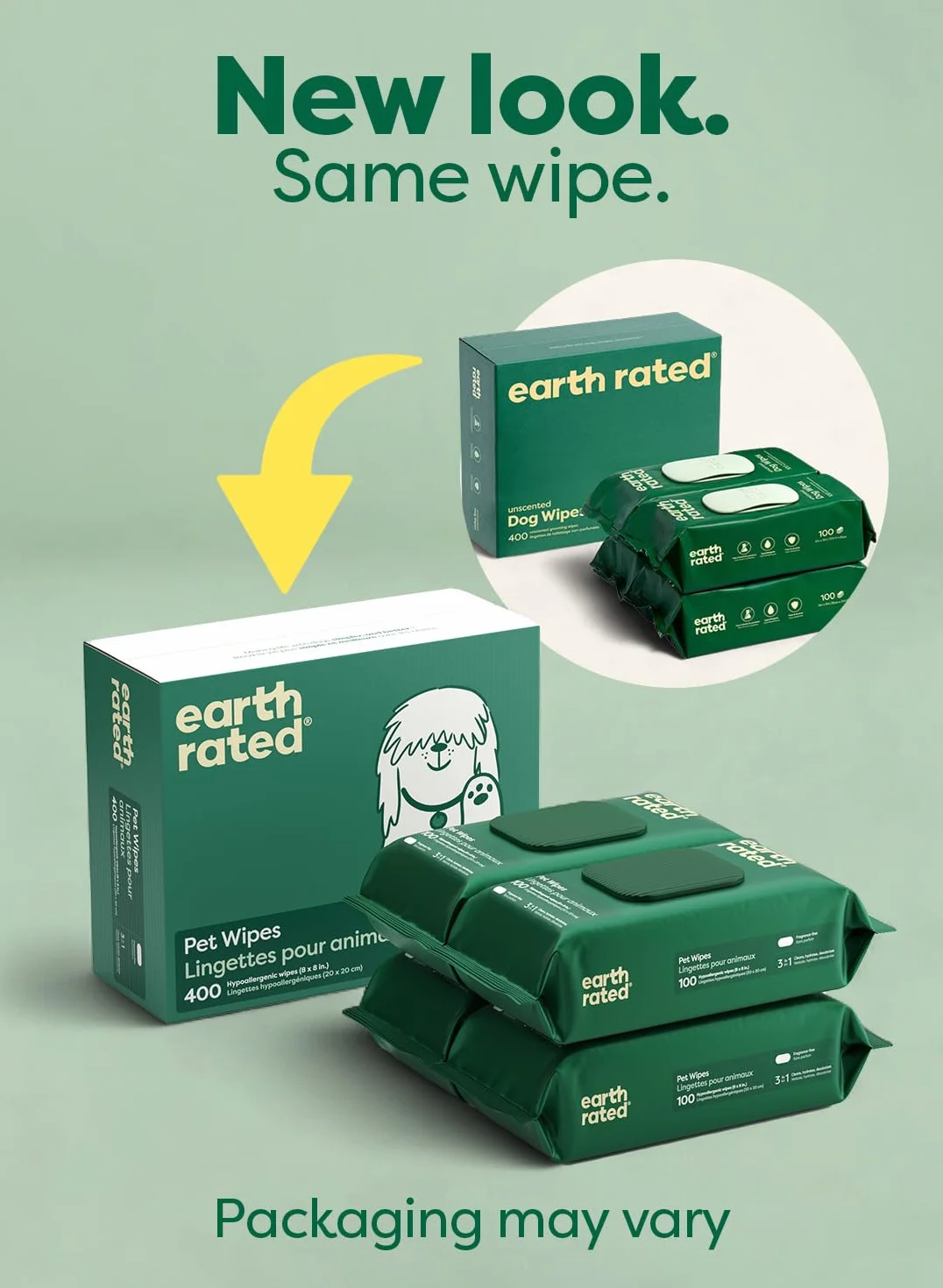 Earth Rated Chusteczki dla Zwierząt dla Psów i Kotów, Hipoalergiczne, Czyszczące i Nawilżające, do Pielęgnacji Łap, Ciała i Pupy, Bezzapachowe, 400 Sztuk