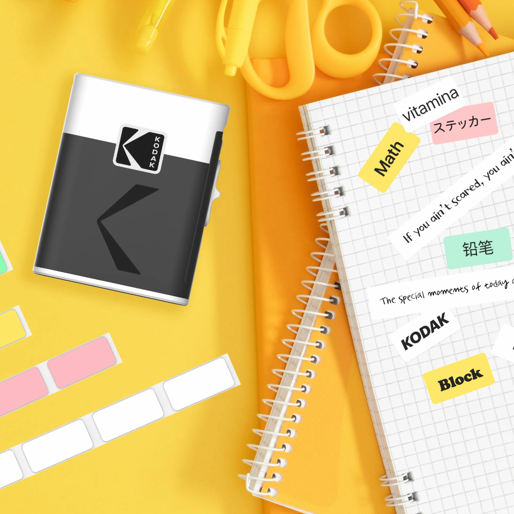 KODAK Etykieta ERA M50 zestaw maszyn do tworzenia etykiet, żółty (drukarka etykiet z 1 rolką naklejek + zestaw 12 rolek, białe 9 rolek, różowy/zielony/żółty, po 1 rolce)