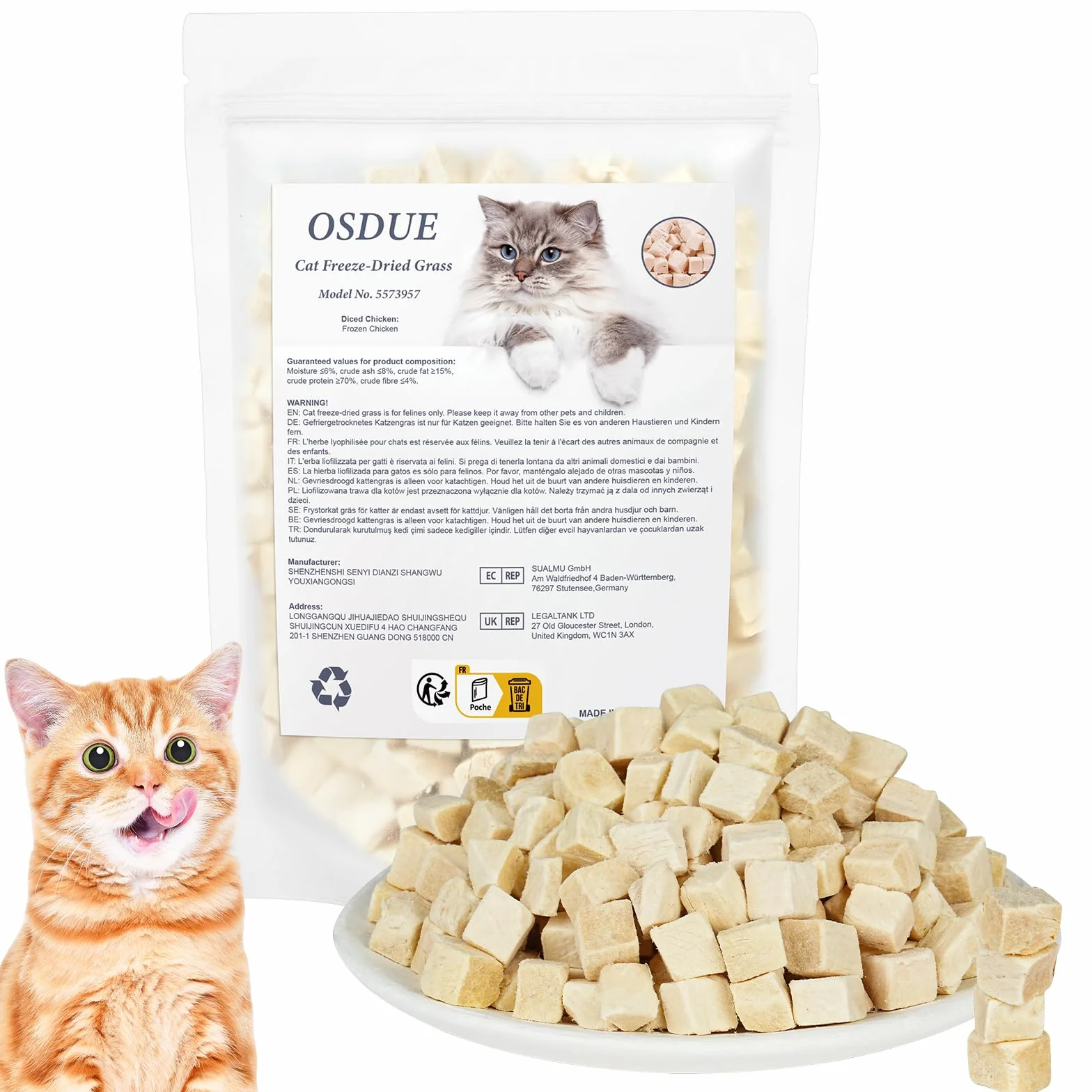 OSDUE Liofilizowane przekąski dla kotów, 100 g przekąsek dla kotów, zawierają kurczaka, kota, smakołyki bez zbóż, bez cukru, przekąska dla kotów bez sztucznych dodatków
