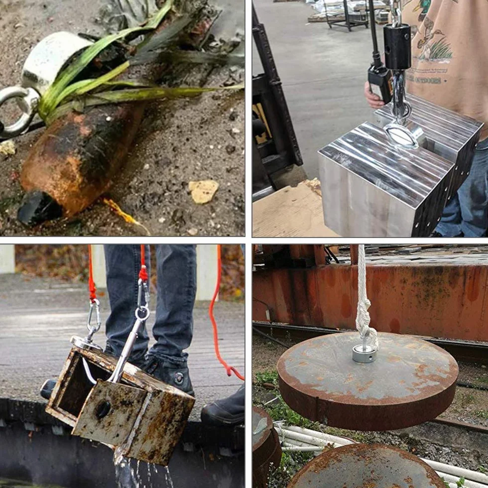 Siła przyczepności 480 kg, dwustronny magnes neodymowy z oczkami, N52 super silny magnes do łowienia magnetycznego – Ø 75 mm magnes poszukiwający z liną 20 m, rękawiczkami i kotwicą, z 2 oczkami