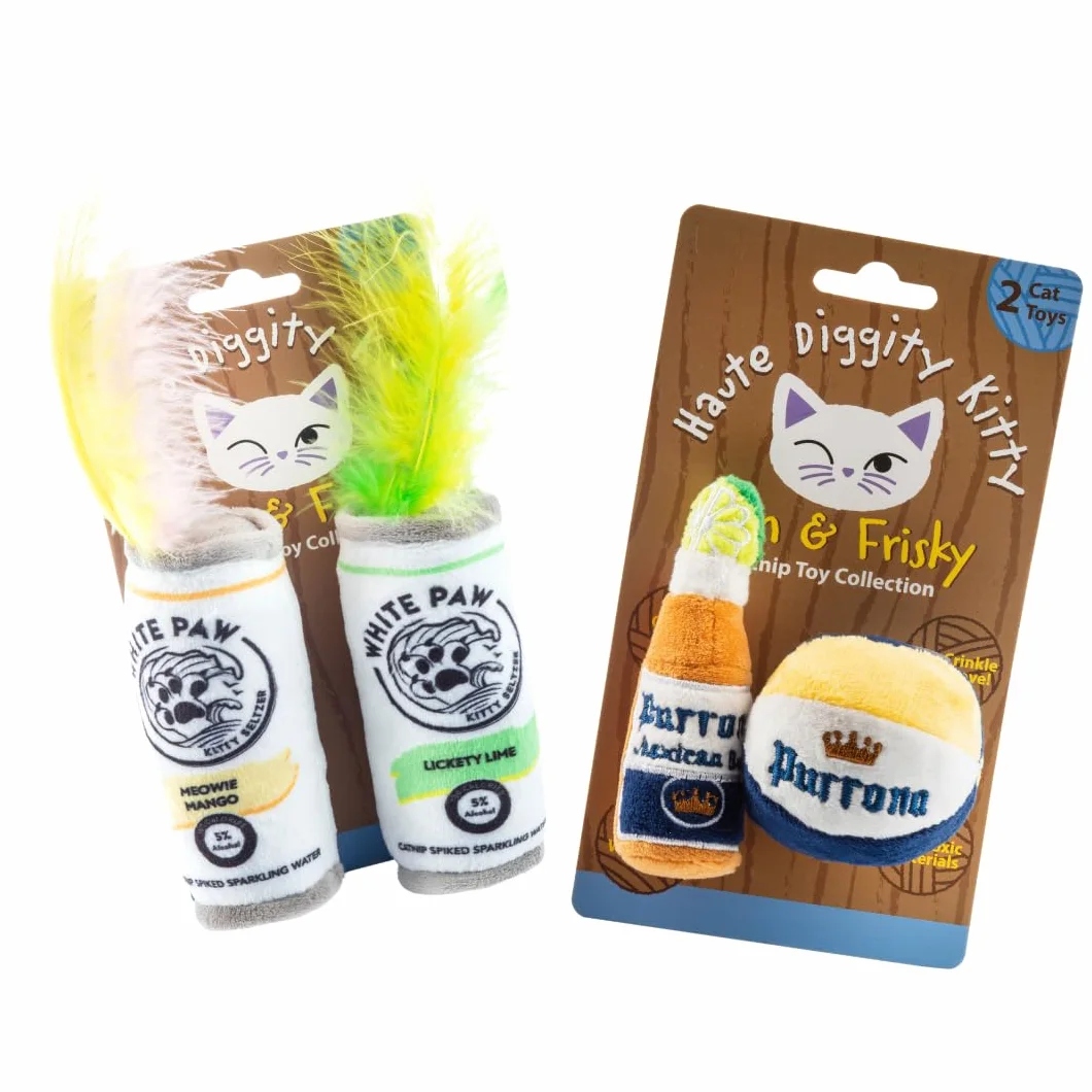 Haute Diggity Kitty Biała łapa mango i limonka + purrrona zestaw butelek piwa i piłek, pluszowe zabawki dla kota kocimiętka wypełniona interaktywnym dźwiękiem trzaskania, bezpieczne i trwałe zabawki
