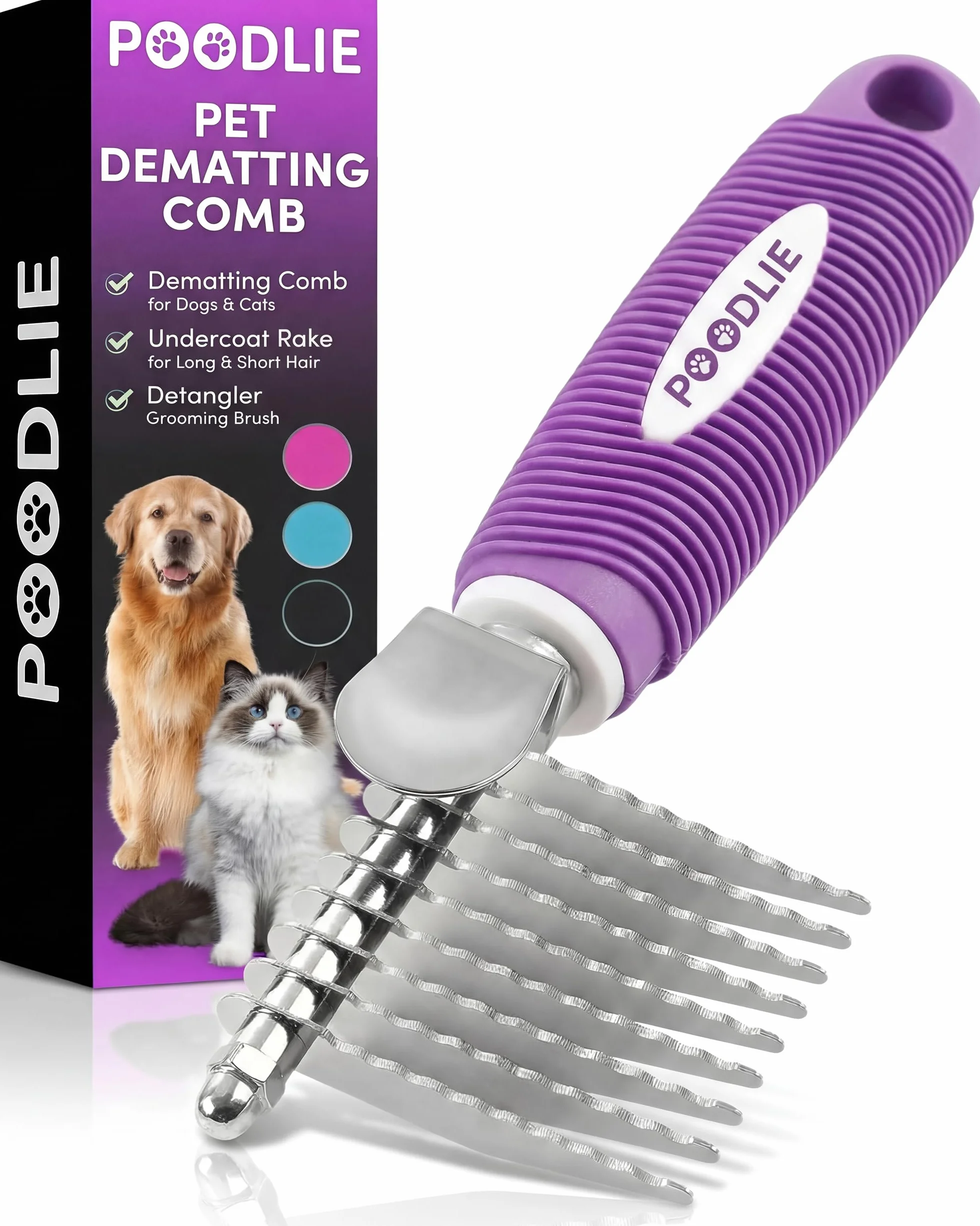 Pudel Pet Dematting Fur Rake Comb Brush Tool z długimi stalowymi ostrzami bezpieczeństwa 6,3 cm do rozczesywania matowych lub wiązanych sierści podkładowych, akcesoria do pielęgnacji psów,