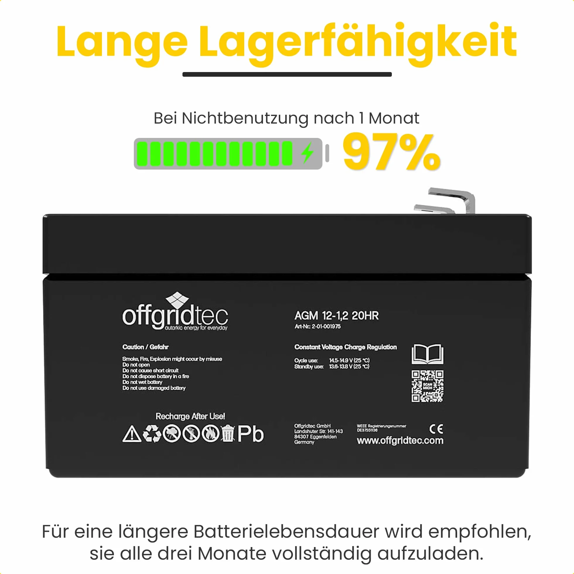 Offgridtec® Akumulator ołowiowy AGM 1,2 Ah 12 V, odporny na cykle UV, zamiennik akumulatora VRLA