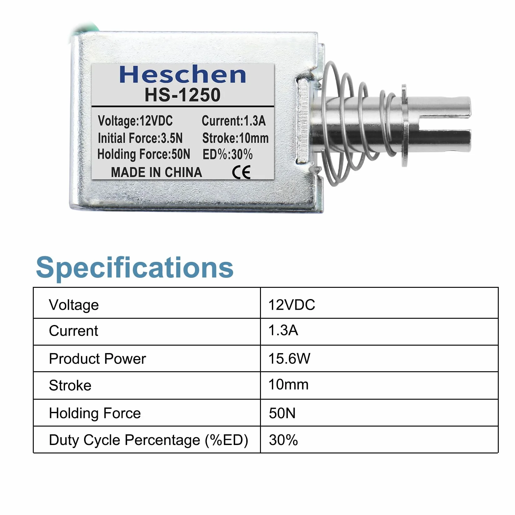 Hechen elektromagnes elektromagnetyczny, HS-1250, DC12V, 3,7A, 60N, skok 10mm, typu push pull, zamek do drzwi z otwartą ramą