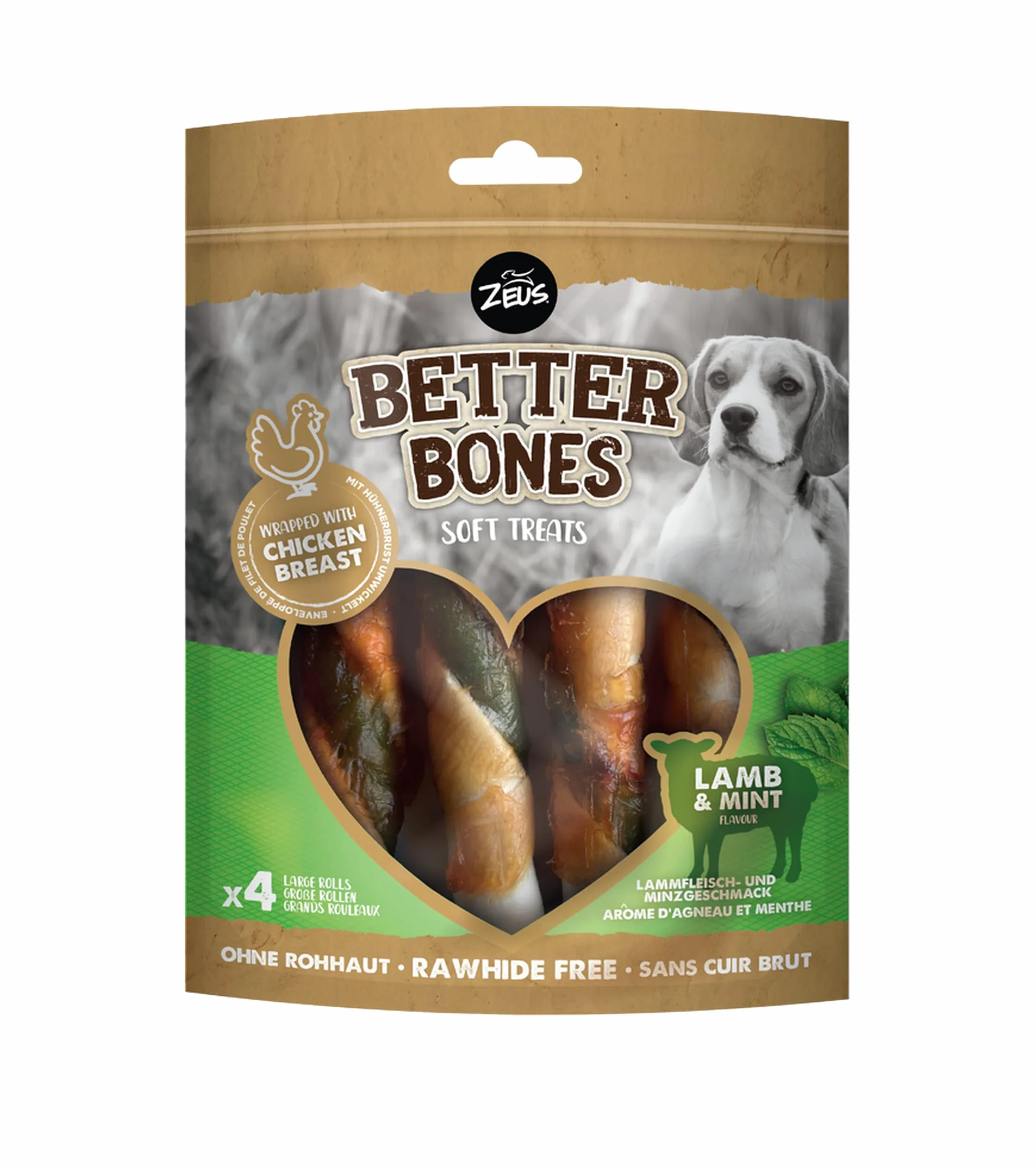 BetterBones – miękka przekąska do żucia dla psów, bez surowej skóry, owinięte rolki z jagnięciną i miętą, 12,5 cm, opakowanie 4 szt