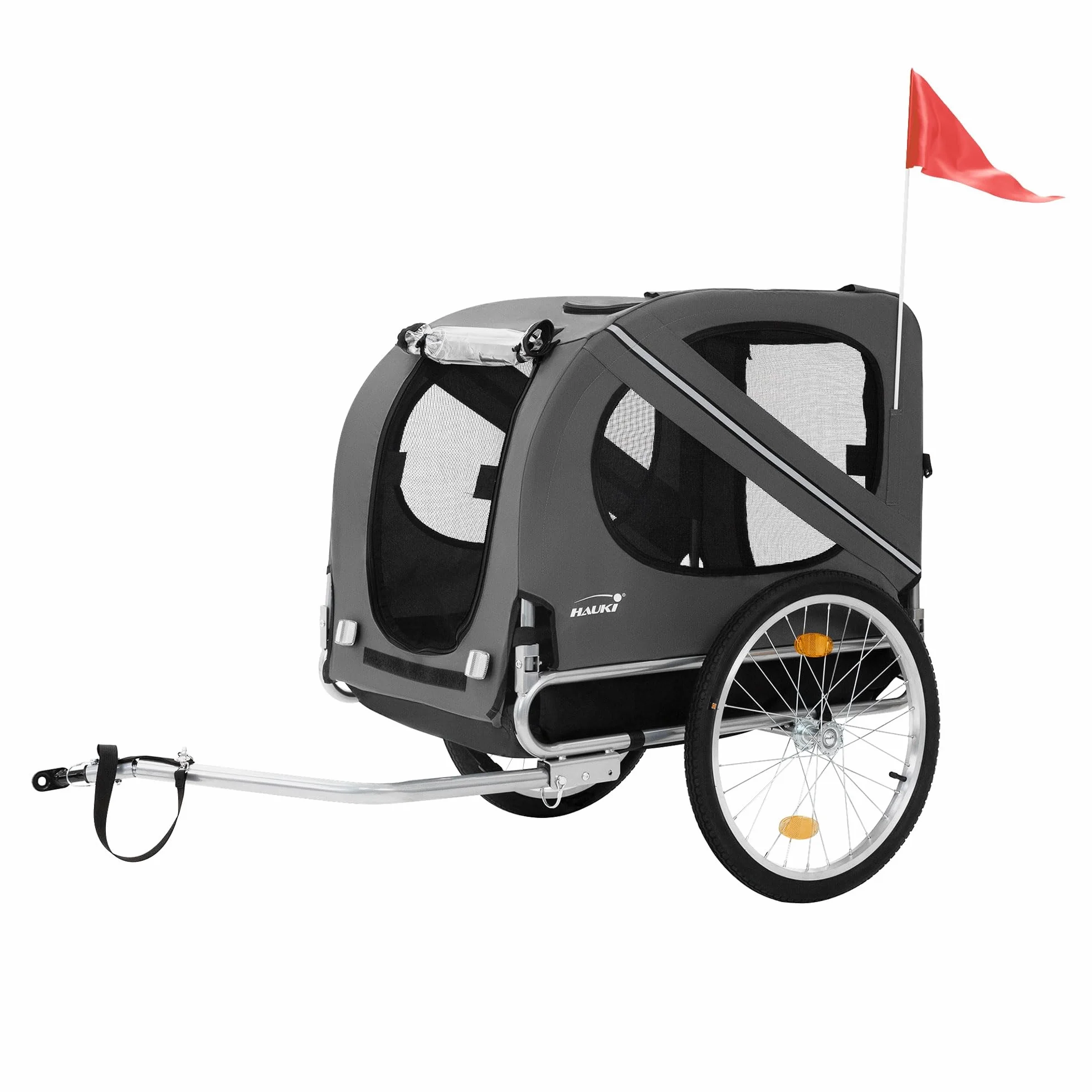 Hauki przyczepka rowerowa i wózek dla psa 2 w 1, skladana, szara, 130x72x90 cm, przyczepka dla psa do 40 kg, przyczepka z odblaskami, smycza i flaga, przyczepka rowerowa dla psa, wózek dla psa