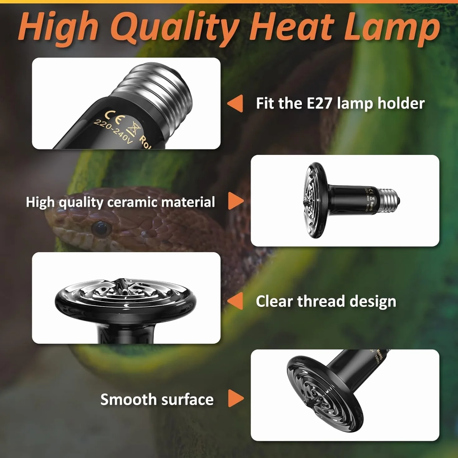 Bonlux 100W Lampa grzewcza do terrarium dla gadów, ceramiczny promiennik E27 dla jaszczurek/żółwi/węży/kurczaków/psów, bez światła, 2 sztuki
