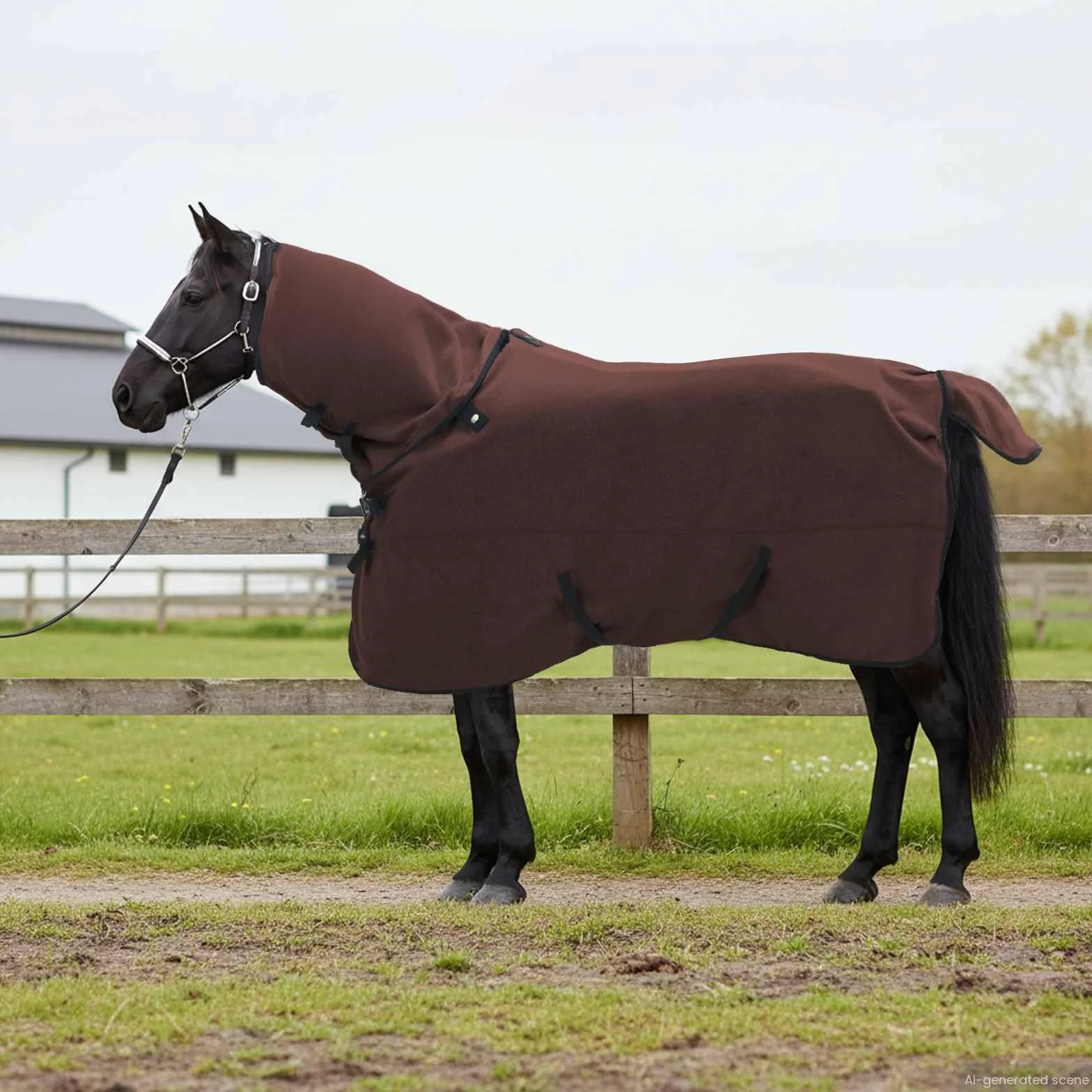 Koc dla konia, ciemnobrązowy, 155 cm, poliester, z odpornego na rozerwanie materiałem i oddychającą podszewką polarową, do stajni, pastwiska, jazdy na zewnątrz, ochrona przed zimnem i wiatrem