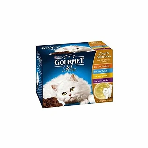 Gourmet Perła karma dla dorosłych z indykiem, tuńczykiem, kaczką i jagnięcą, 85 g, 12 sztuk (1,02 kg) (opakowanie zawiera 4)