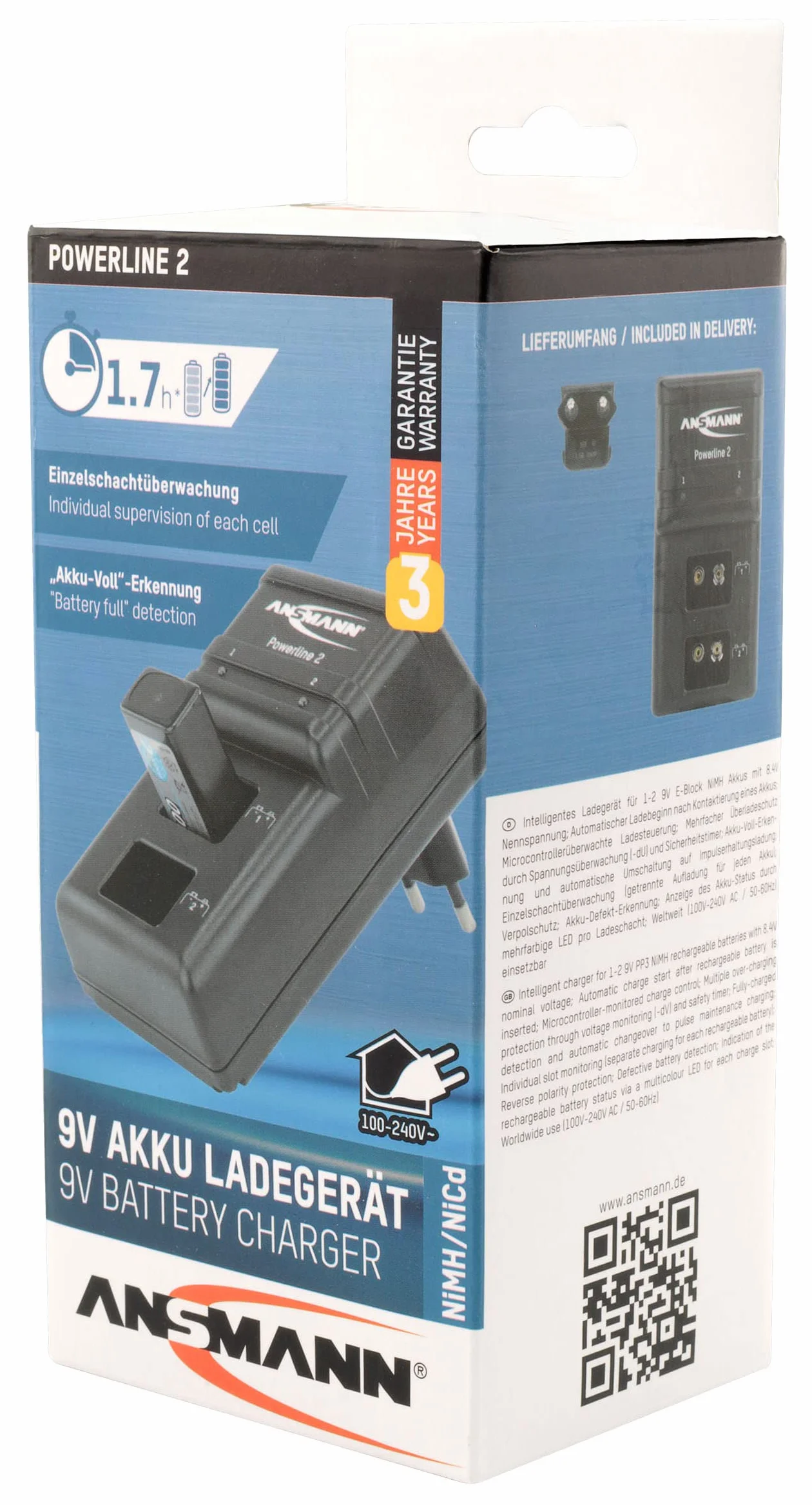 Ansmann Ładowarka 9 V do akumulatorów elektrycznych NiMH – 9 V ładowarka do akumulatorów z pojedynczym monitorowaniem, automatyczne wyłączanie, ładowanie podtrzymujące – Powerline 2 ładowarka