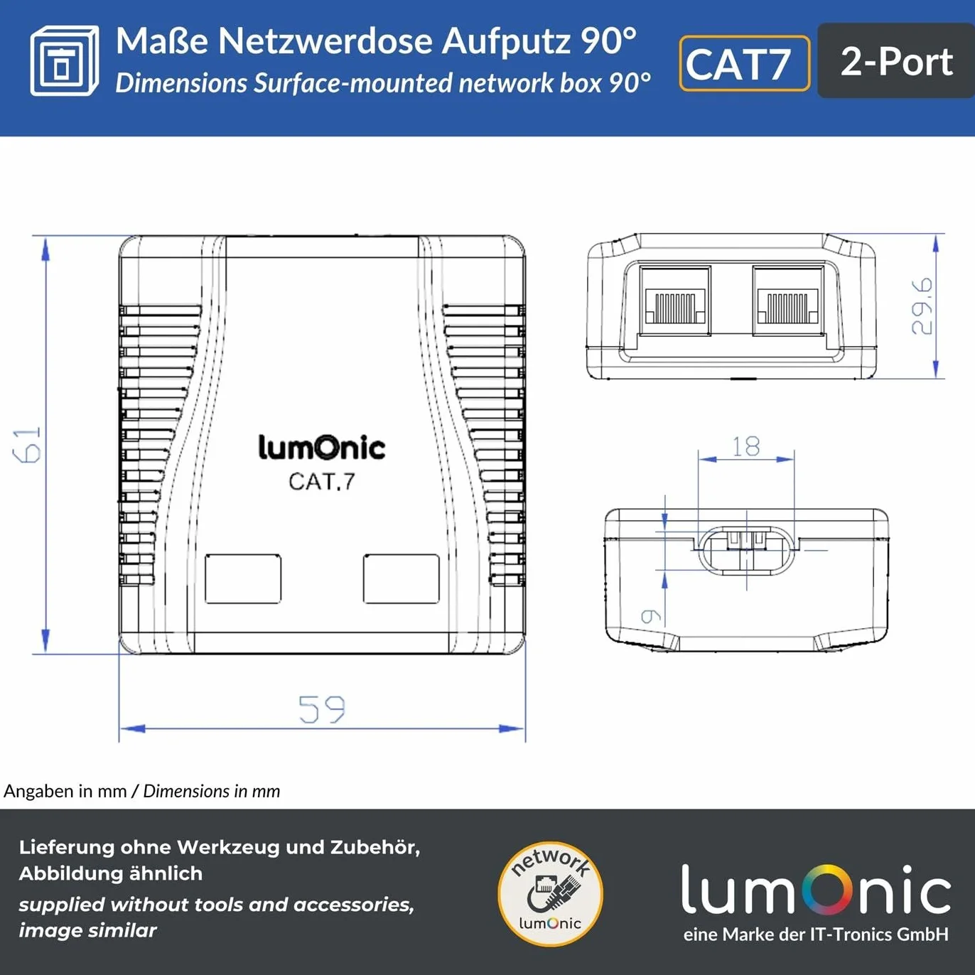 Lumonic Natynkowe gniazdo sieciowe CAT7 2-Port RJ45 10 Gbit/s T568A/B