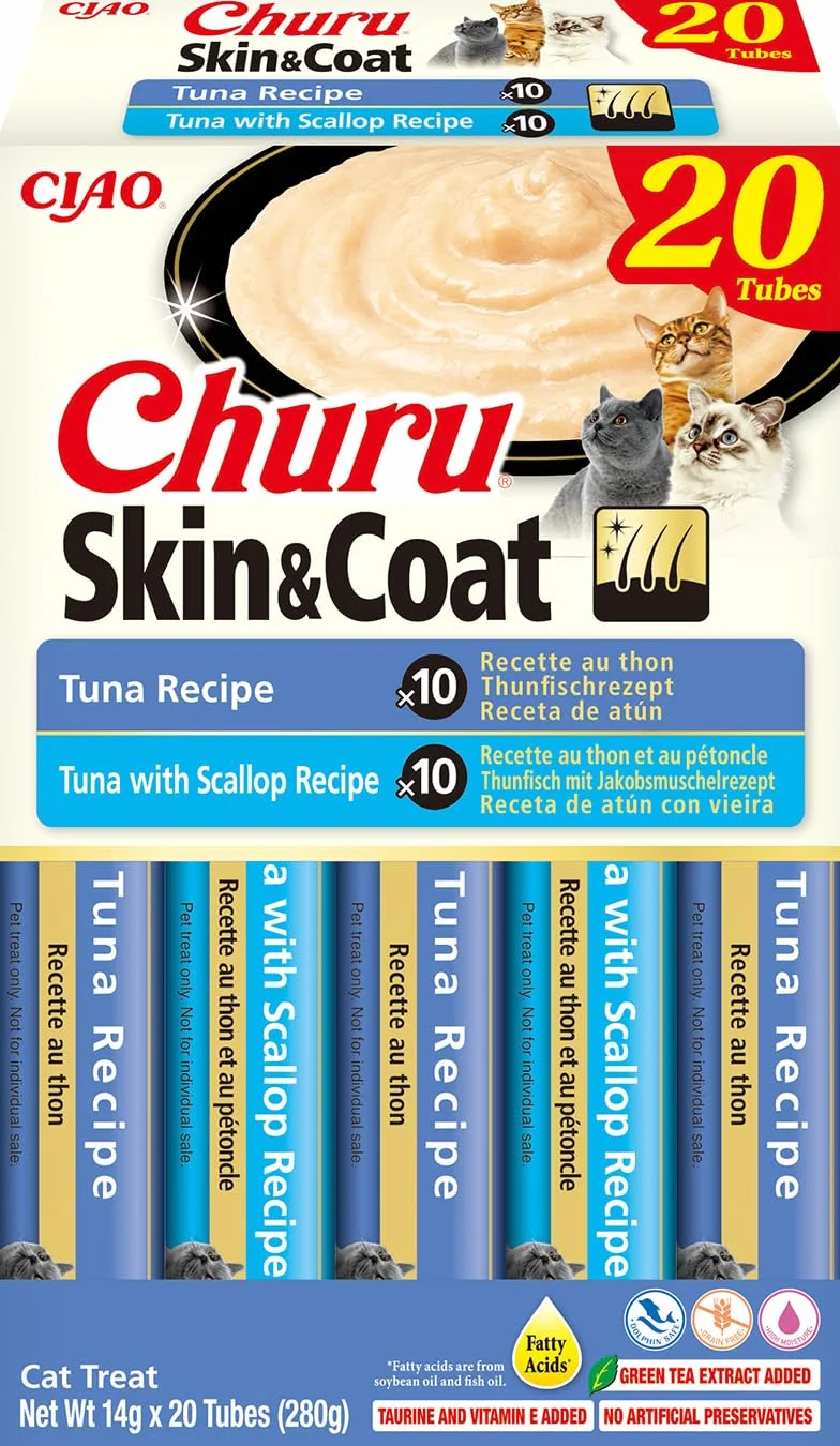 INABA Churu Skin & Coat kremowe przysmaki dla kotów z Omega 3 Omega 6, tauryną i witaminą E, tuńczykiem 20 x 14 g, bez zbóż, bez cukru, bez produktów ubocznych, smakołyki dla kotów