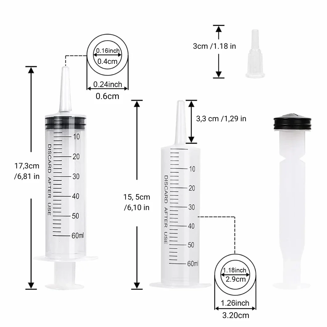 2 strzykawki 60 ml/cc z wężami i tępymi igłami, wielokrotnego użytku, pakowane, sterylne, płyny pomiarowe, nawadnianie roślin, karmienie zwierząt, laboratoria naukowe, przemysł, 2 sztuki